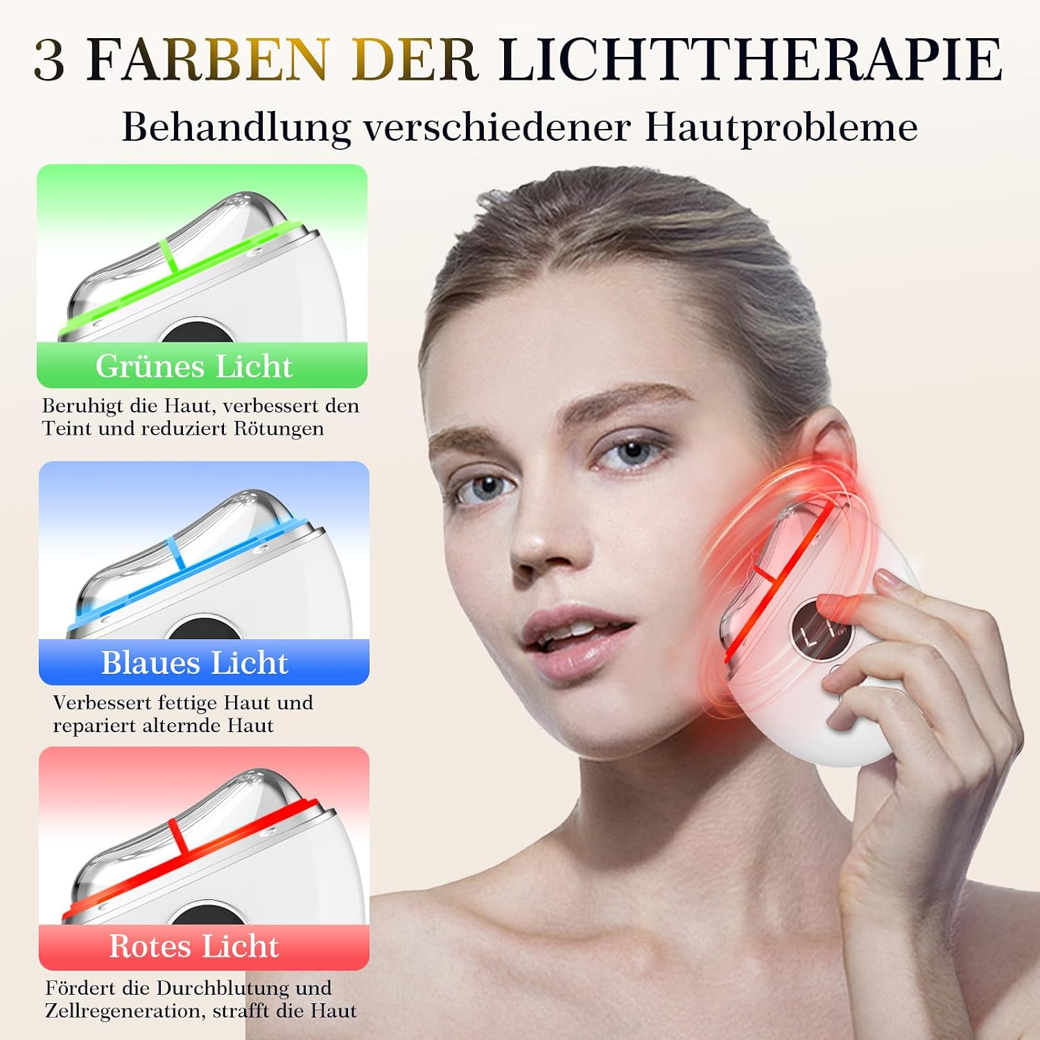 Eine Frau verwendet ein Lichttherapie-Gerät im Gesicht, mit Erklärungen zu grünem, blauem und rotem Licht.