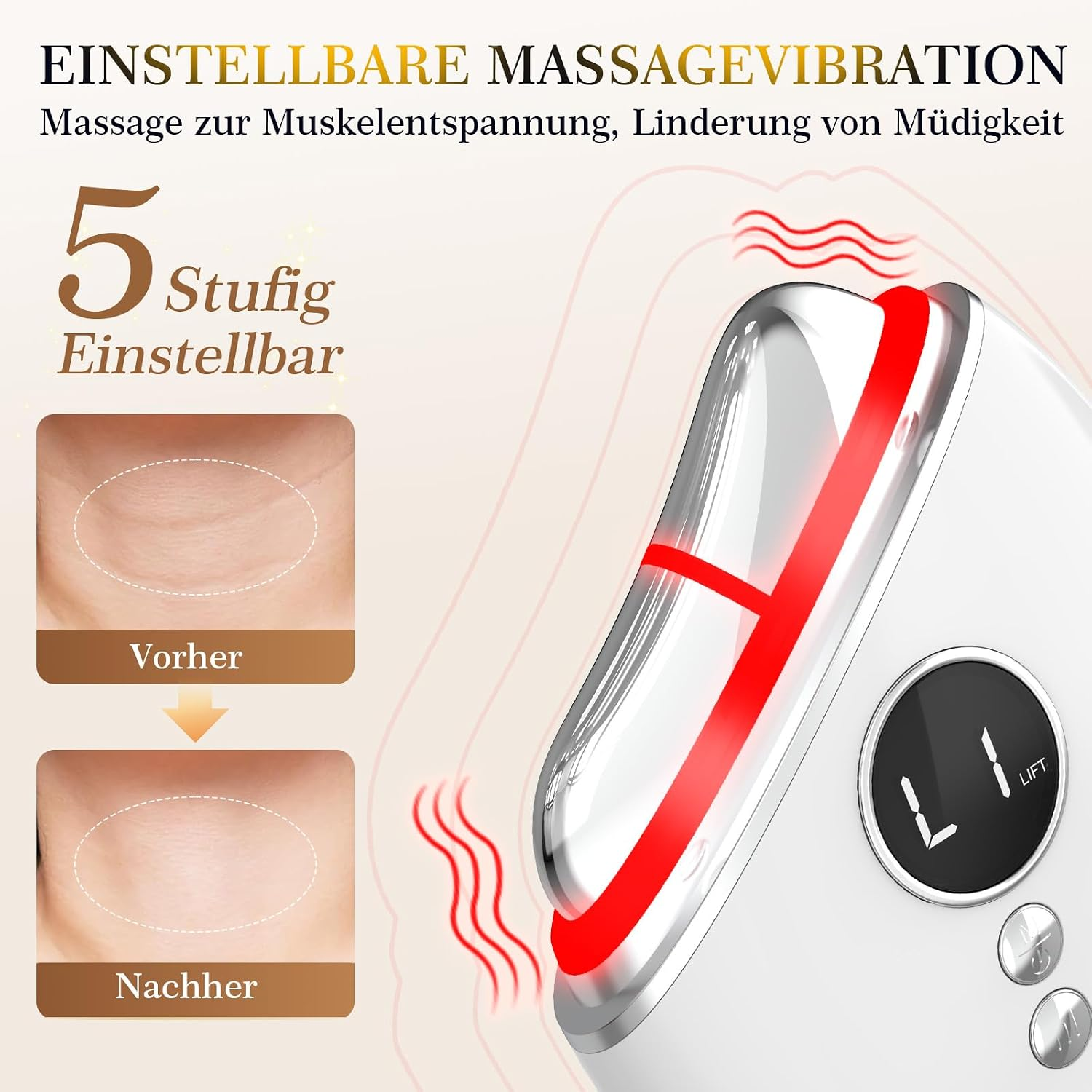Ein weißer Gesichtsmasseur mit Rotlichttherapie, digitaler Anzeige und Vorher-Nachher-Hautvergleich.