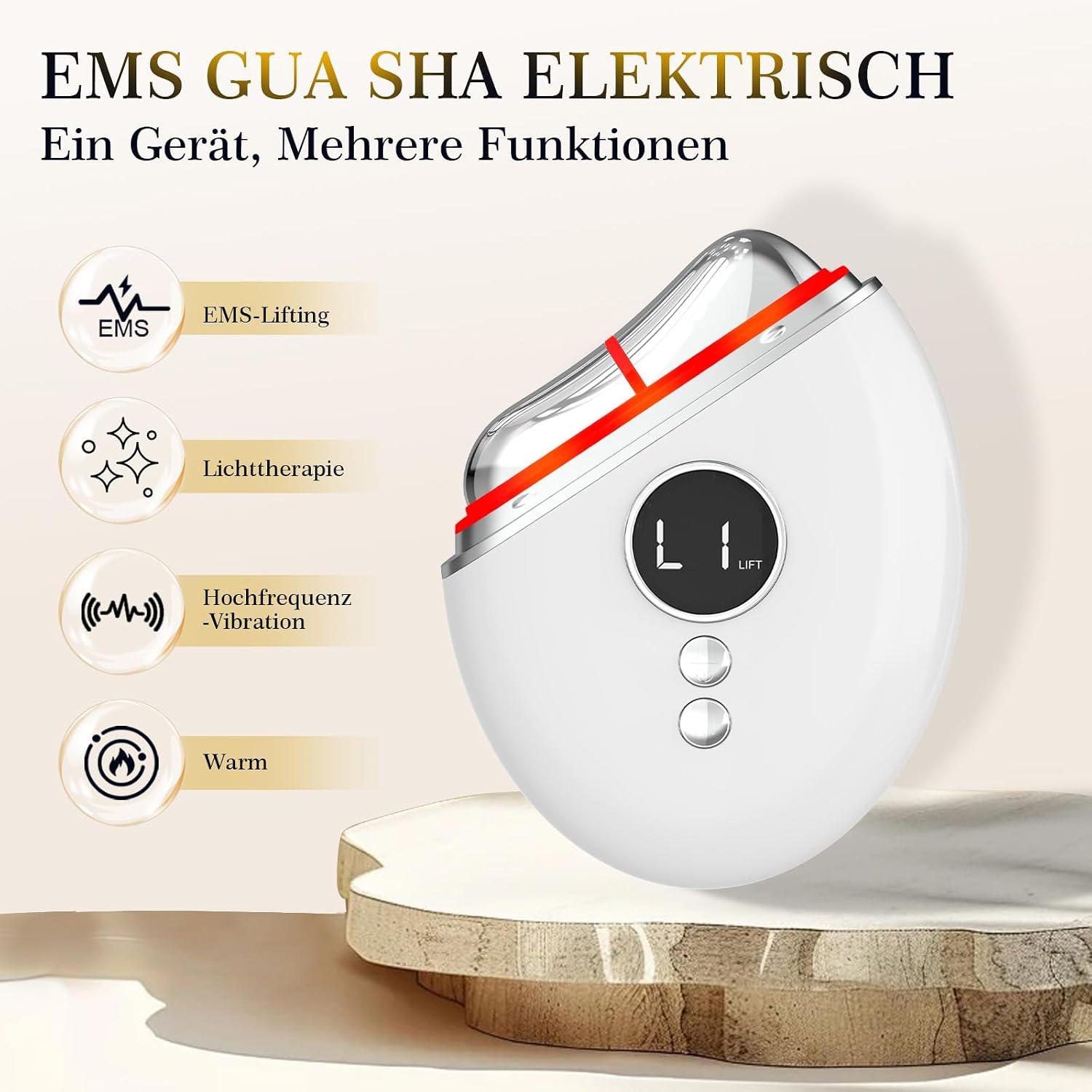 Elektrisches EMS-Gua-Sha-Gerät mit LED-Bildschirm und vier Funktionen: EMS-Lifting, Lichttherapie, Vibration, Wärme.
