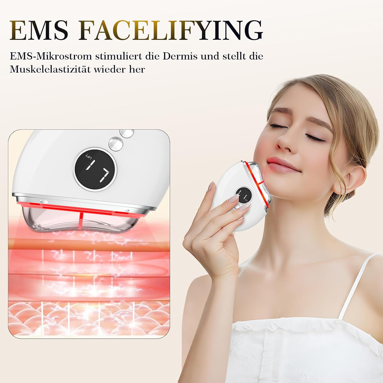 Eine Frau verwendet ein EMS-Facelifing-Gerät im Gesicht, mit einer Nahaufnahme der Hautstimulation.