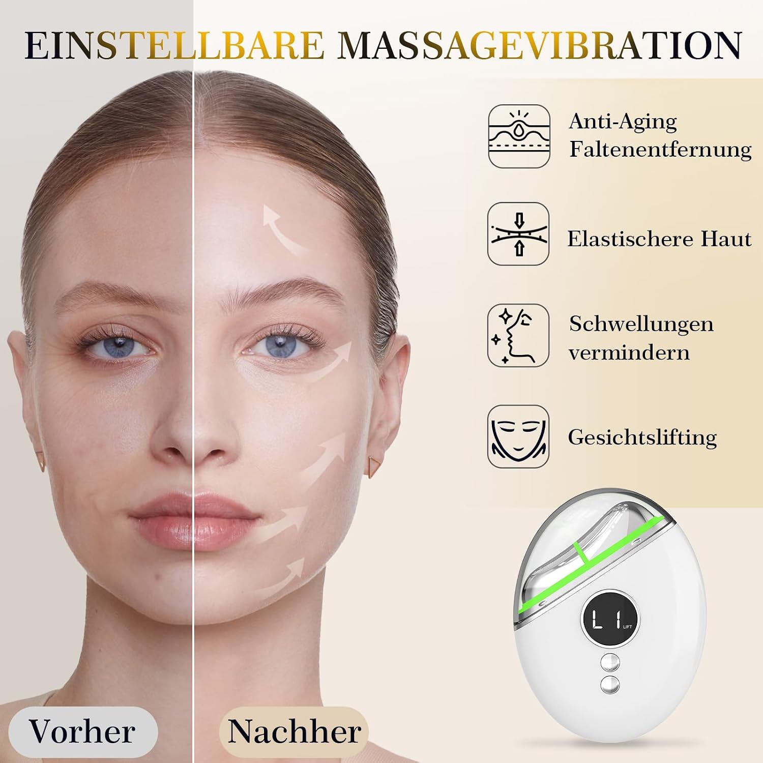 Vergleich eines Gesichts vor und nach der Massageanwendung mit einem elektrischen Gerät und Hautpflegevorteilen.