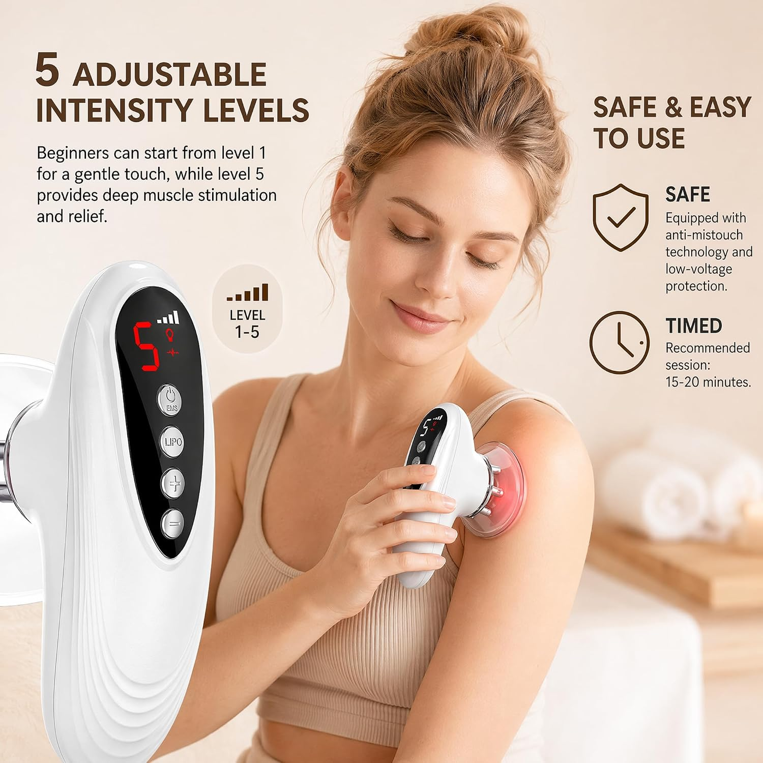 Frau nutzt weißes Massagegerät mit LED-Anzeige am Arm, umgeben von Text und Produktinfos.
