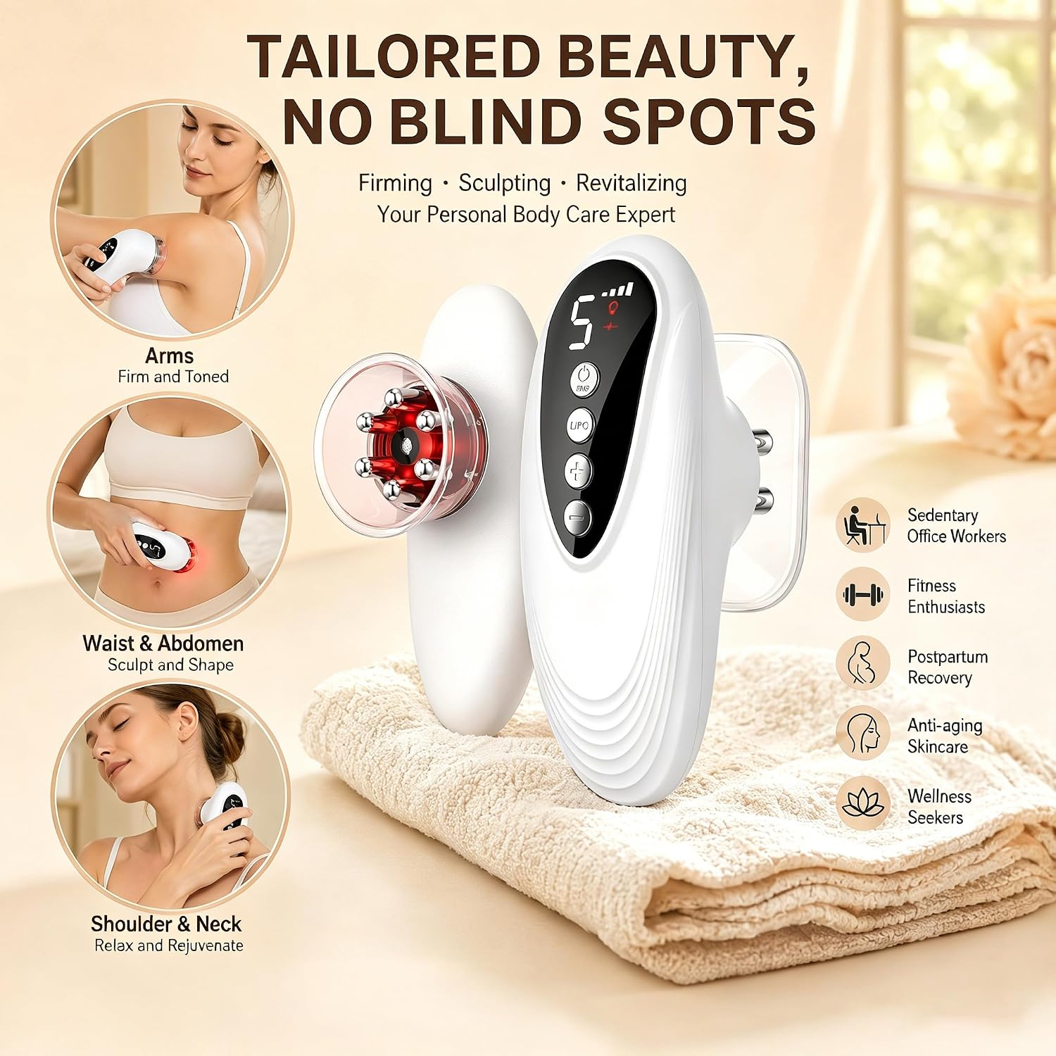 Werbebild für ein weißes Body-Care-Gerät mit Infrarot- und Massageköpfen auf einem Handtuch, inkl. Anwendungsbeispielen.