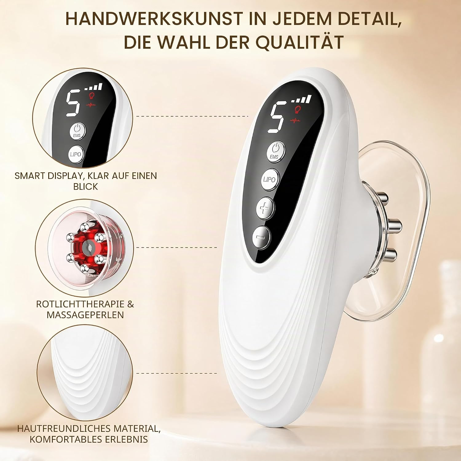 Weißes Schönheitsgerät mit Display, roten Lichtern und Massageperlen auf einem Tisch.