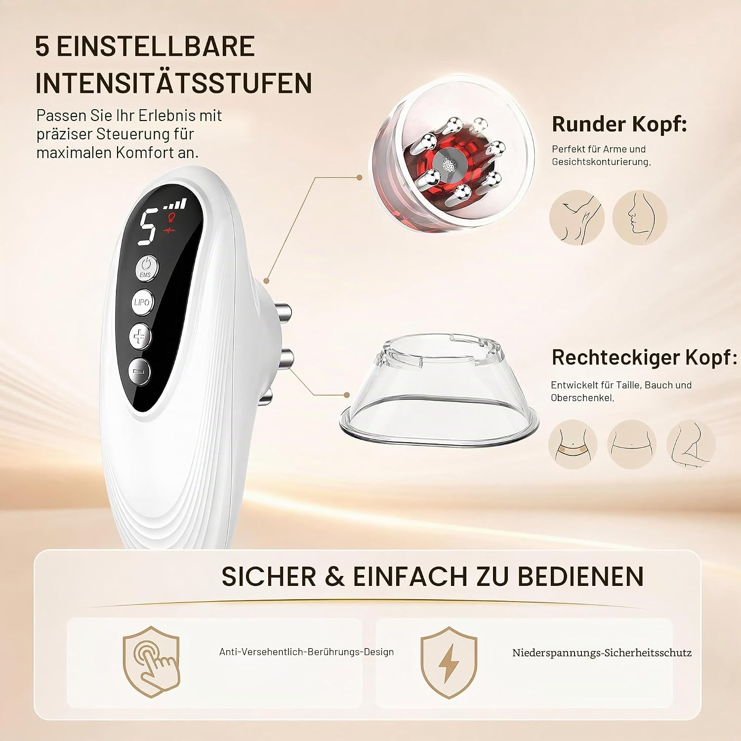 Weißes Anti-Cellulite-Gerät mit zwei Köpfen, Bedientasten und deutschen Texten zu den Funktionen.