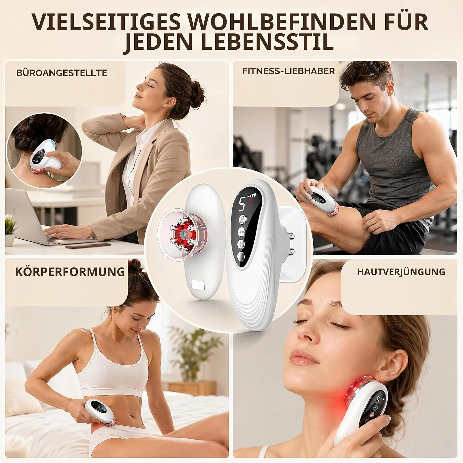 Verschiedene Personen verwenden ein weißes, multifunktionales Massagegerät für Körper und Gesicht.