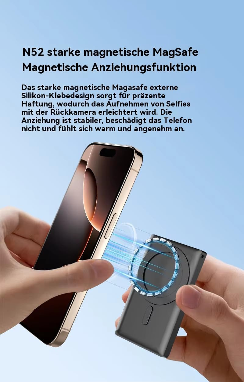 Starkes magnetisches MagSafe Zubehör verbindet sich sicher mit der Rückseite eines Smartphones auf blauem Hintergrund.