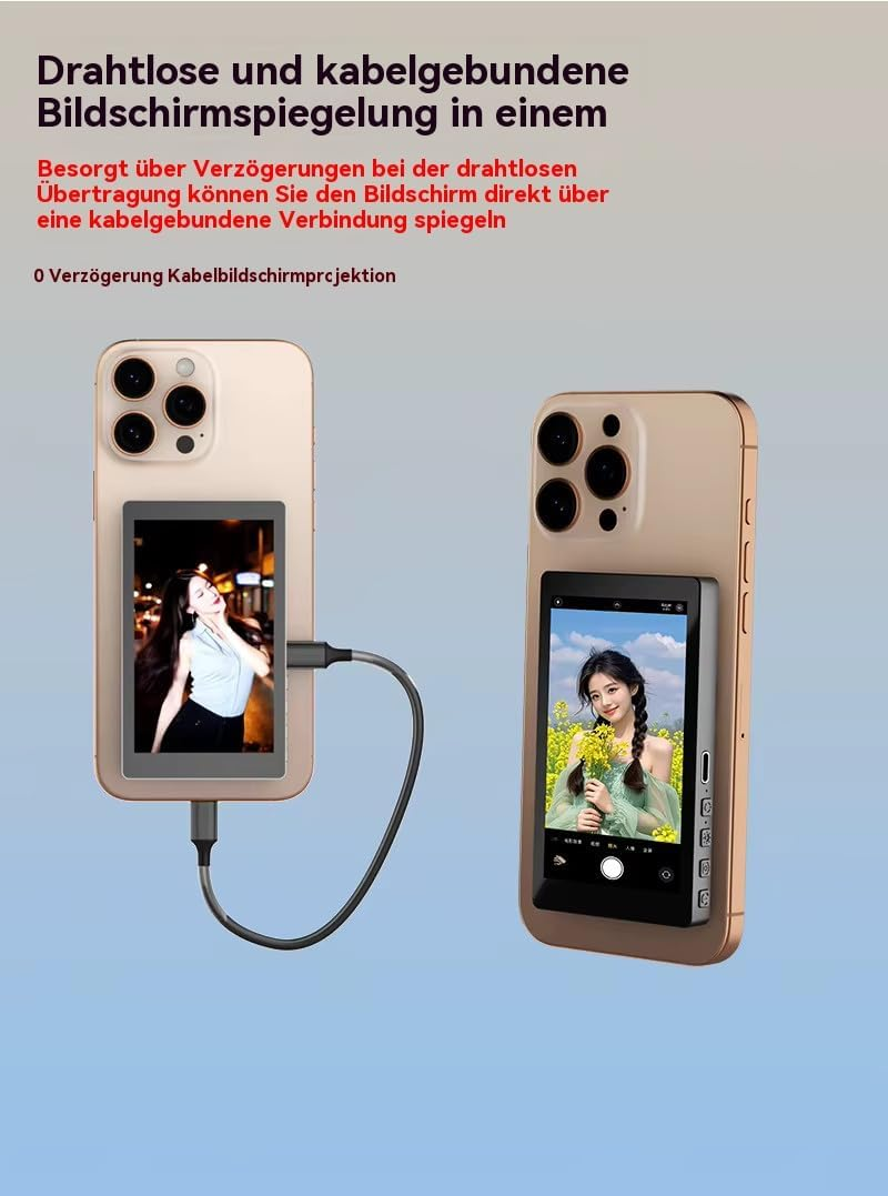 Zwei goldene Smartphones mit kleinen angebrachten Bildschirmen zeigen Fotos vor einem Farbverlauf mit deutschem Text.