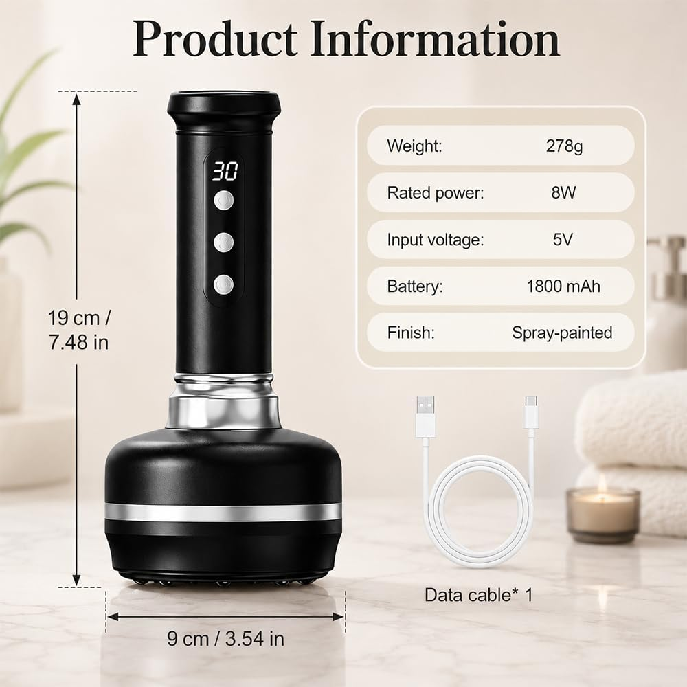 Produktinfo für einen schwarzen Massager: 19x9cm, 278g, 8W, 5V, 1800mAh, Sprühlack und ein Datenkabel.