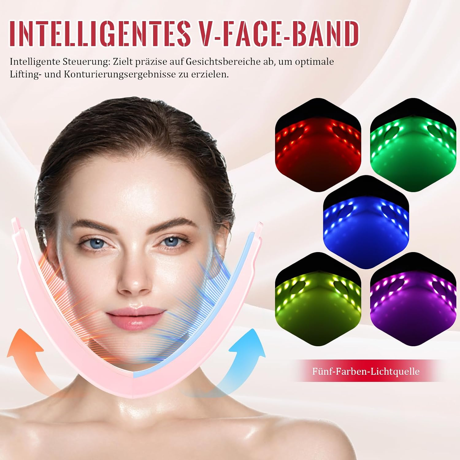 Eine Frau trägt ein V-Face-Band zur Gesichtskonturierung mit fünf farbigen LED-Lichtoptionen.