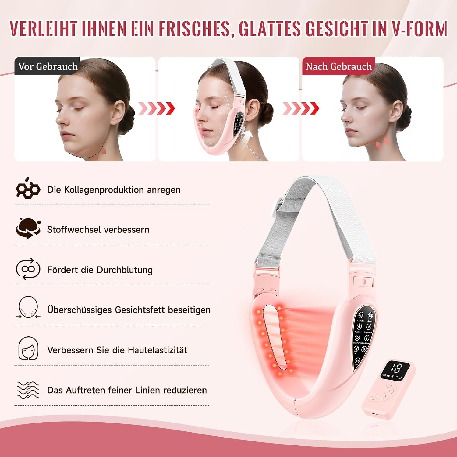 Rosa V-Gesichtsschlankheitsgerät mit Rotlichttherapie, das Produkt und Vorher-Nachher-Bilder zeigt.