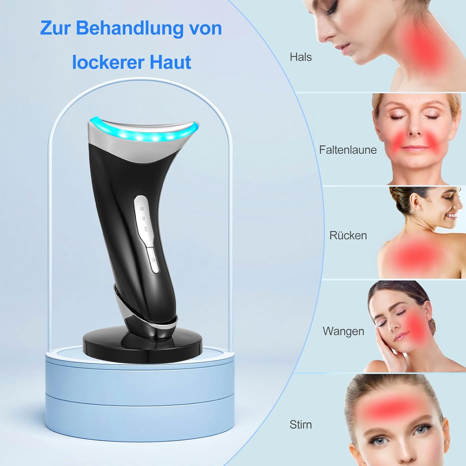 Ein schwarzes Anti-Aging-Gerät mit blauem Licht auf einem blauen Podest und Anwendungsbereiche am Körper.