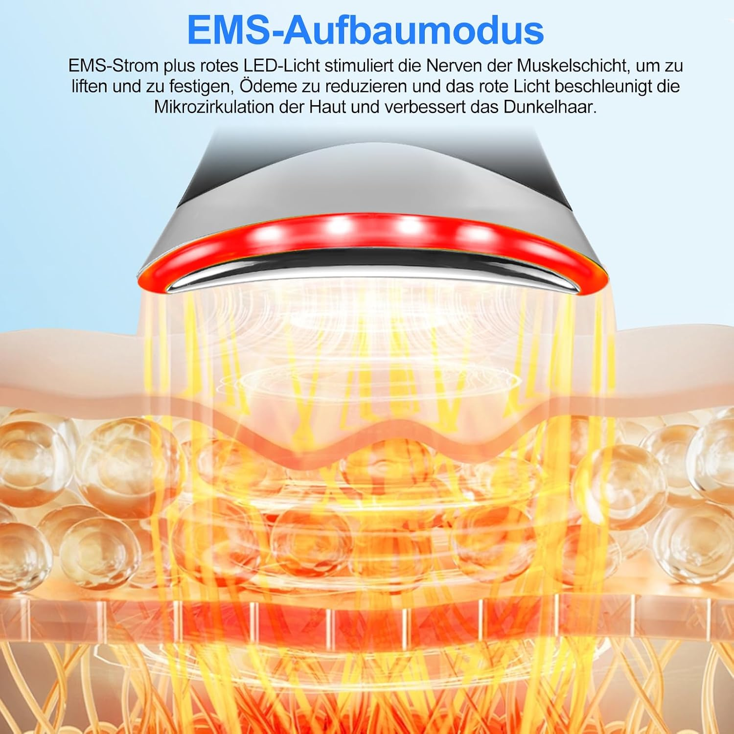 EMS-Gerät mit rotem LED-Licht stimuliert Hautschichten und Zellen.