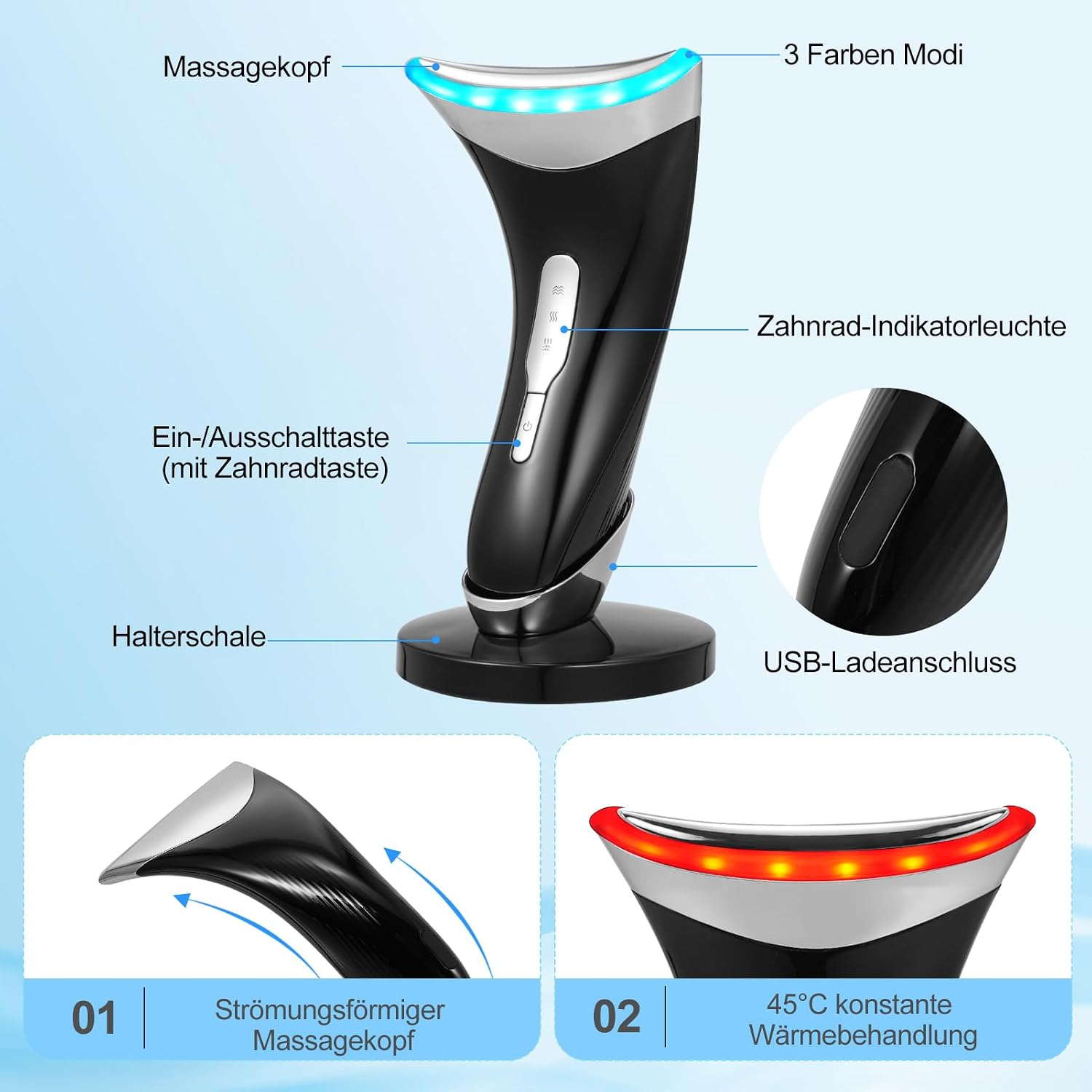 Ein schwarzes LED-Hautpflegegerät mit Halter, Knöpfen und Erklärungen auf Deutsch zu den Merkmalen.