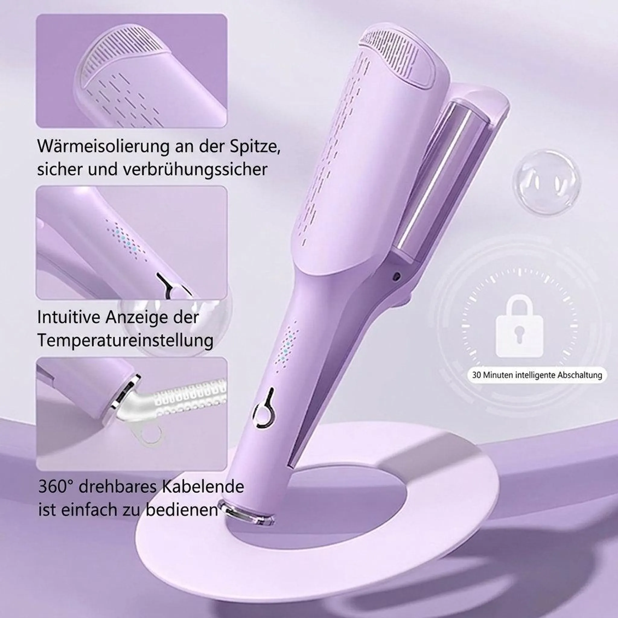 Lila Haarstyling-Gerät mit abgebildeten Details wie Hitzeschutz, Temperaturanzeige und drehbarem Kabel.