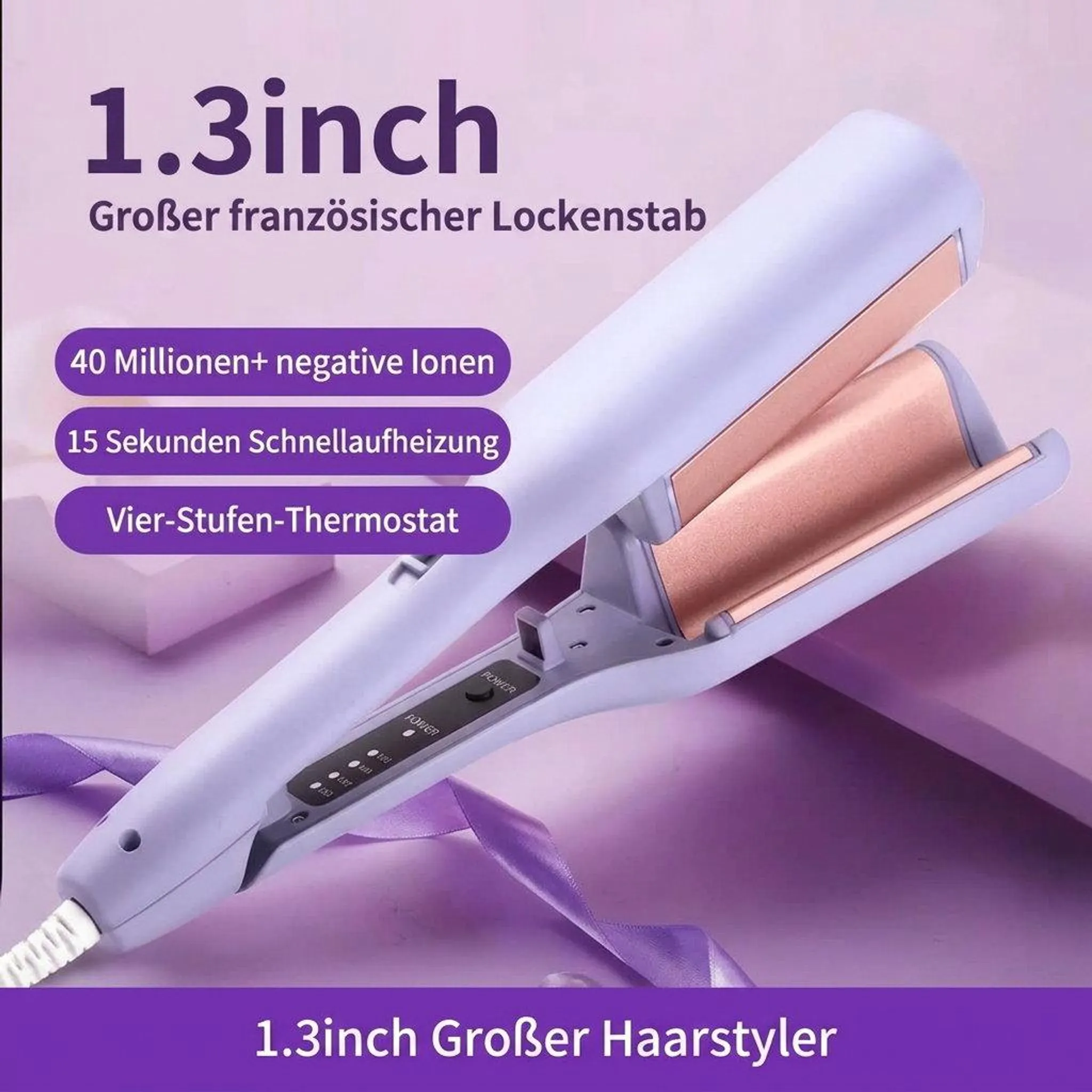 Lila Haarlockerer mit goldenen Heizplatten und Textoverlay vor lila Hintergrund.