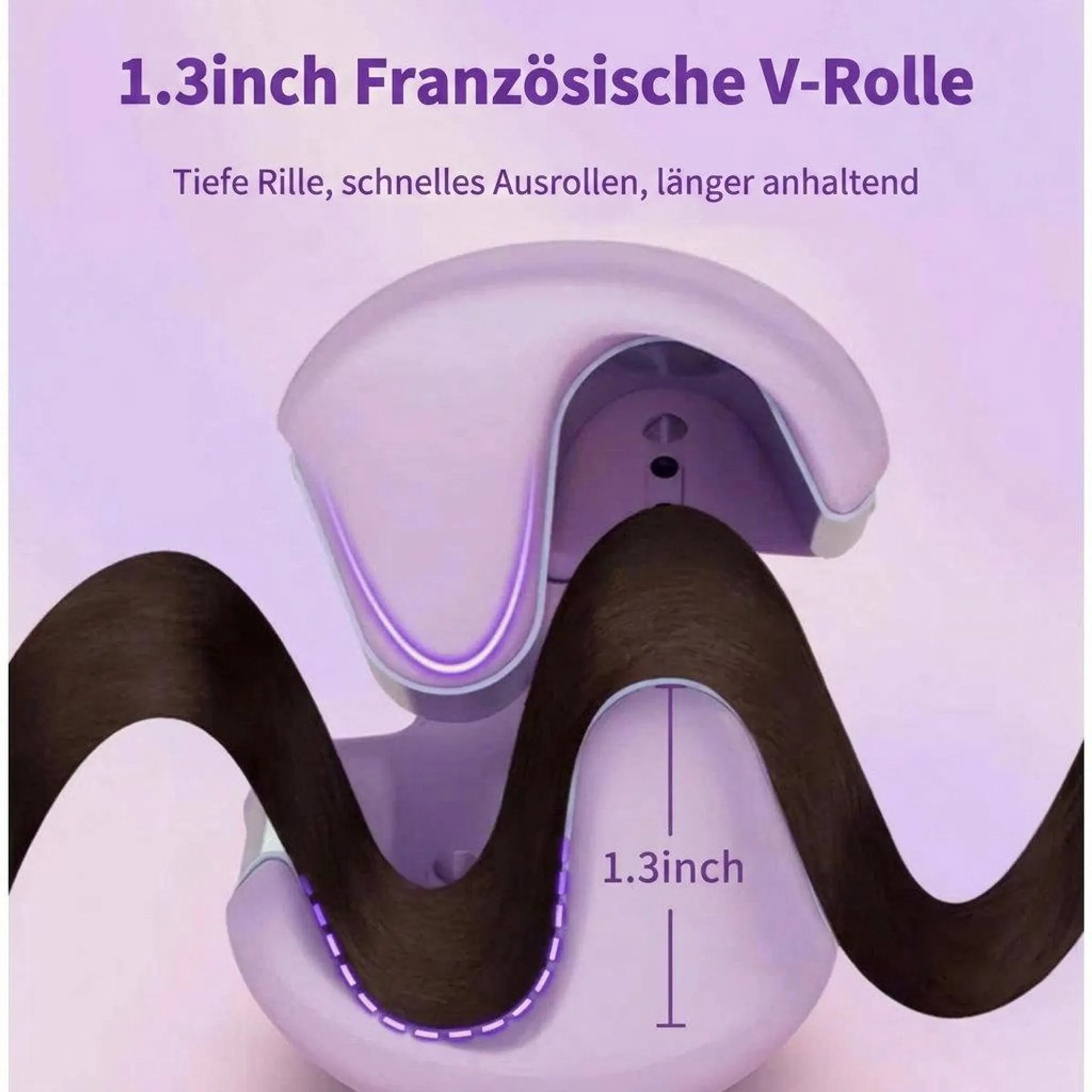 Lila V-förmiges Haarstyling-Gerät mit einer Haarsträhne.