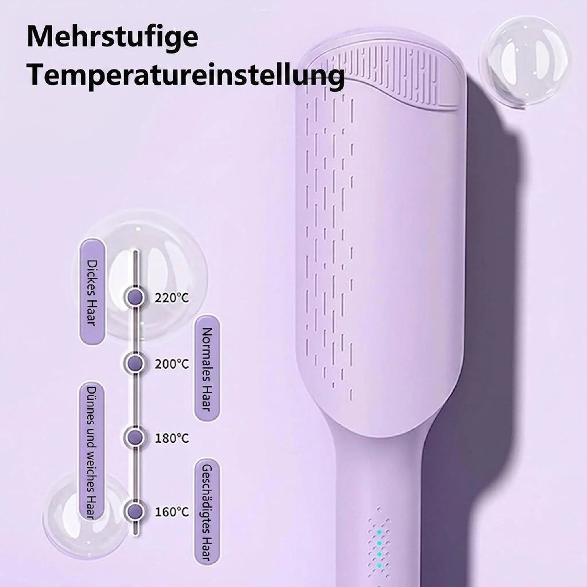 Lila Haarstyler mit Temperaturregelung von 160°C bis 220°C auf hellviolettem Hintergrund.