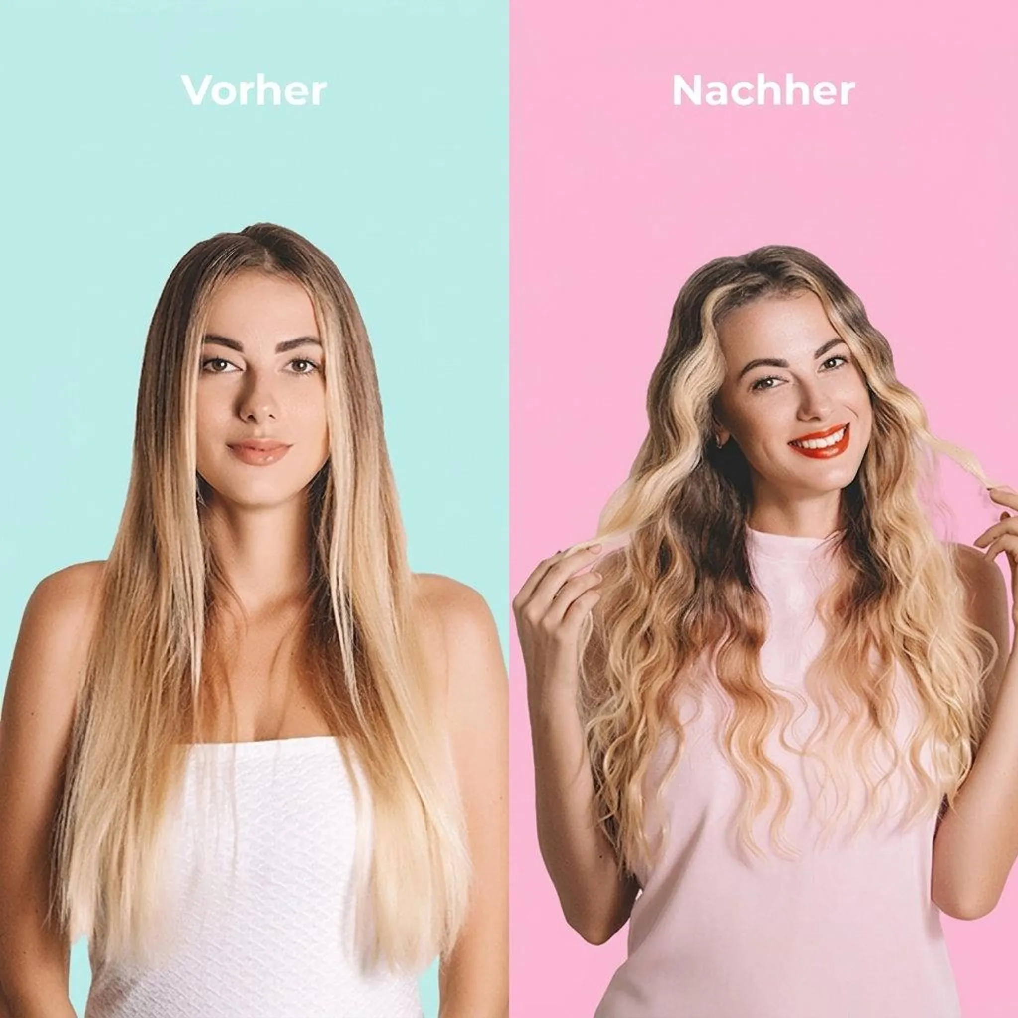 Vorher-Nachher-Vergleich einer Frau mit glattem und welligem blondem Haar.