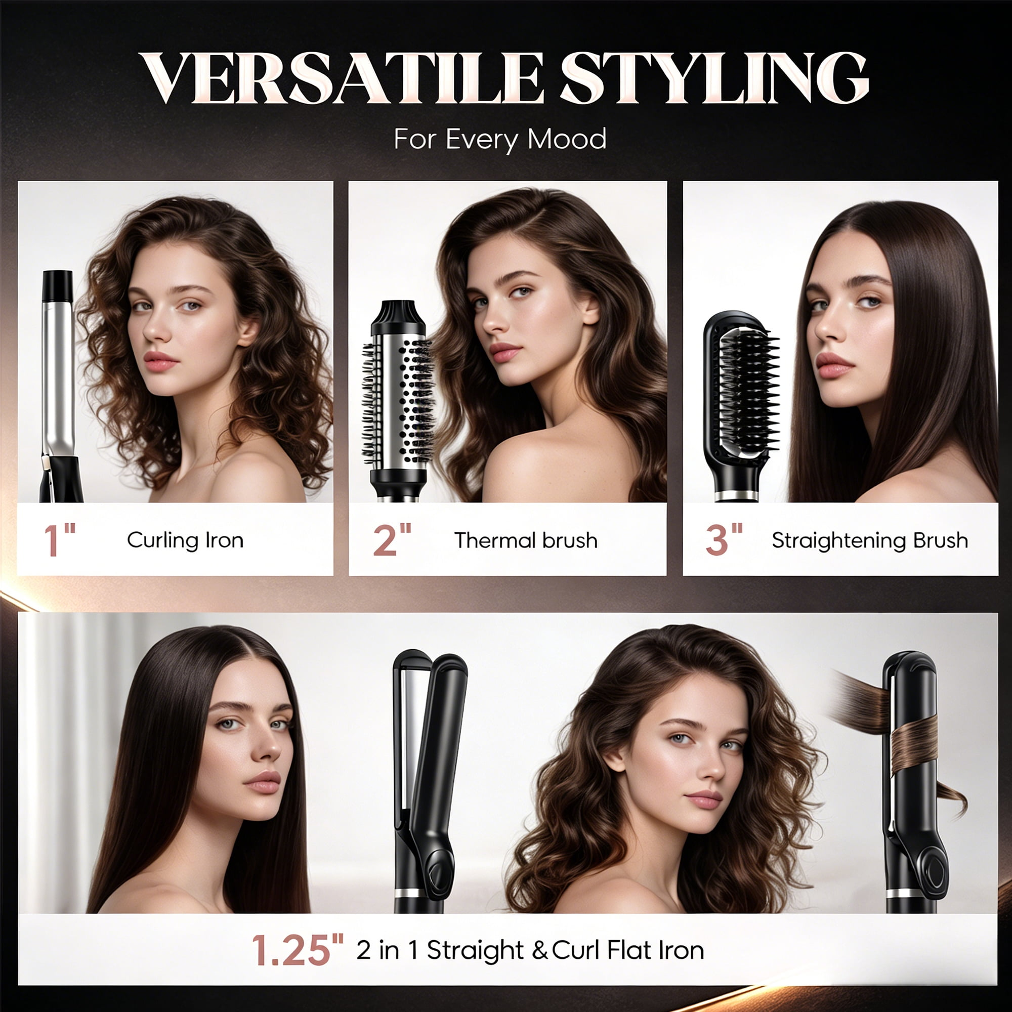 Werbebild für Haarpflegeprodukte mit verschiedenen Styling-Werkzeugen und Frauen mit unterschiedlichen Frisuren.