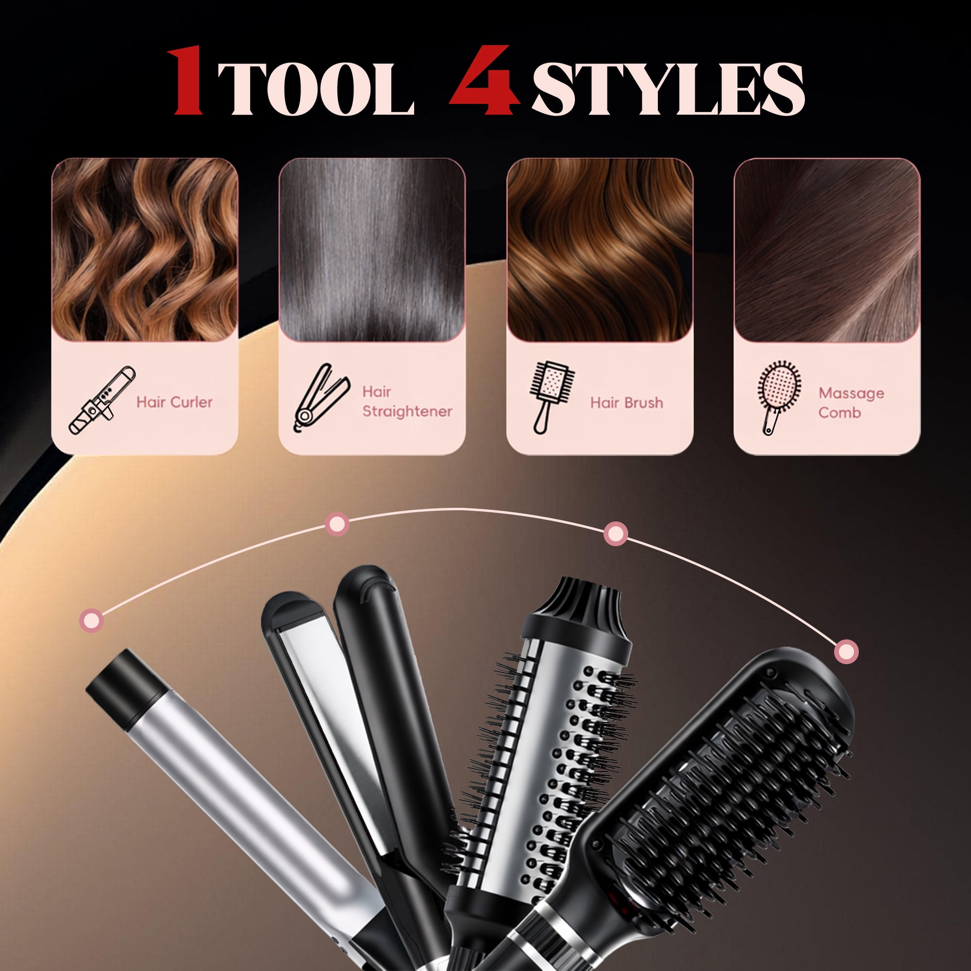 Eine Werbung für ein 4-in-1-Haarstyling-Tool mit Lockenstab-, Glätteisen-, Bürsten- und Kammaufsätzen.