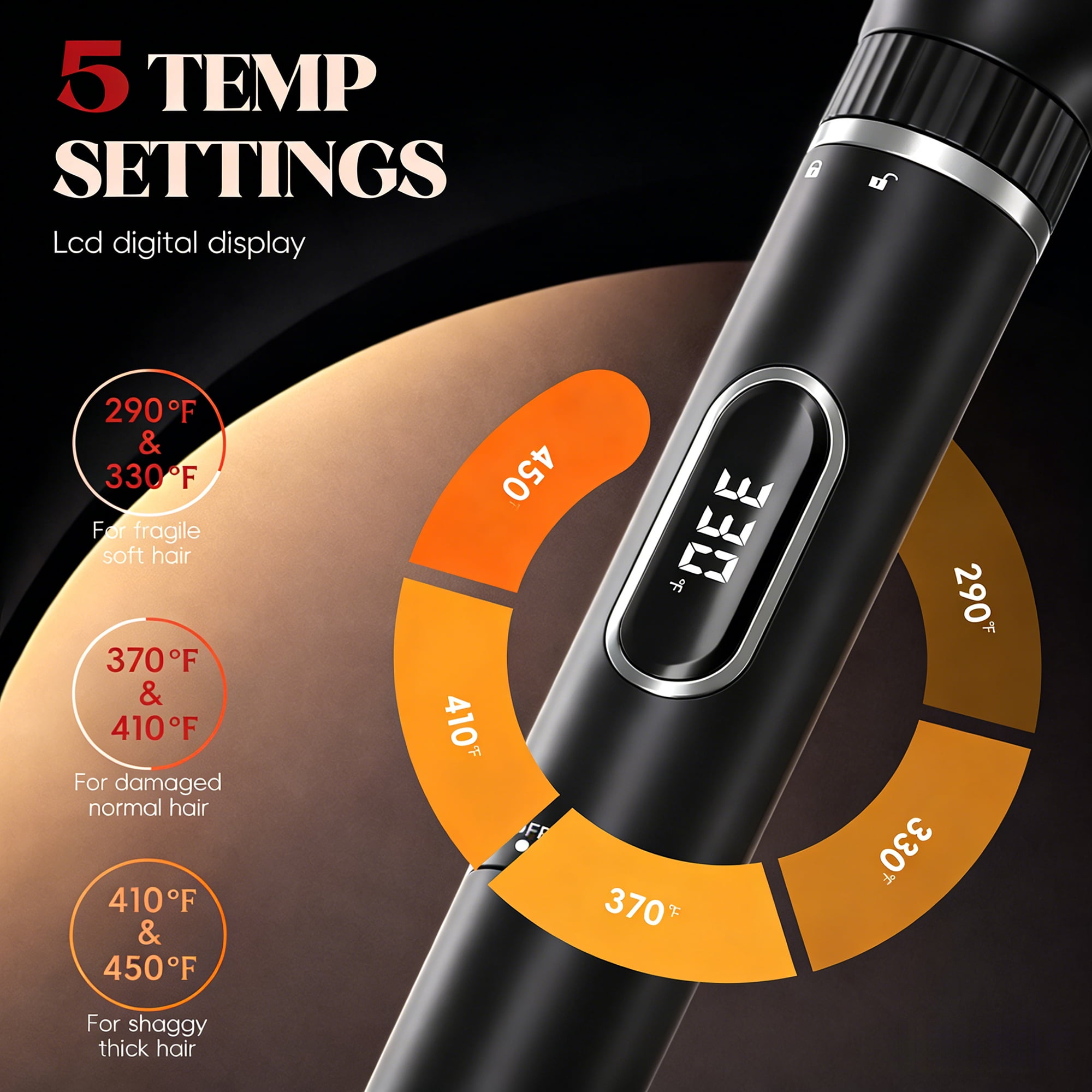 Ein schwarzes Haarstyling-Gerät mit LCD-Display zeigt fünf Temperatureinstellungen von 290°F bis 450°F.