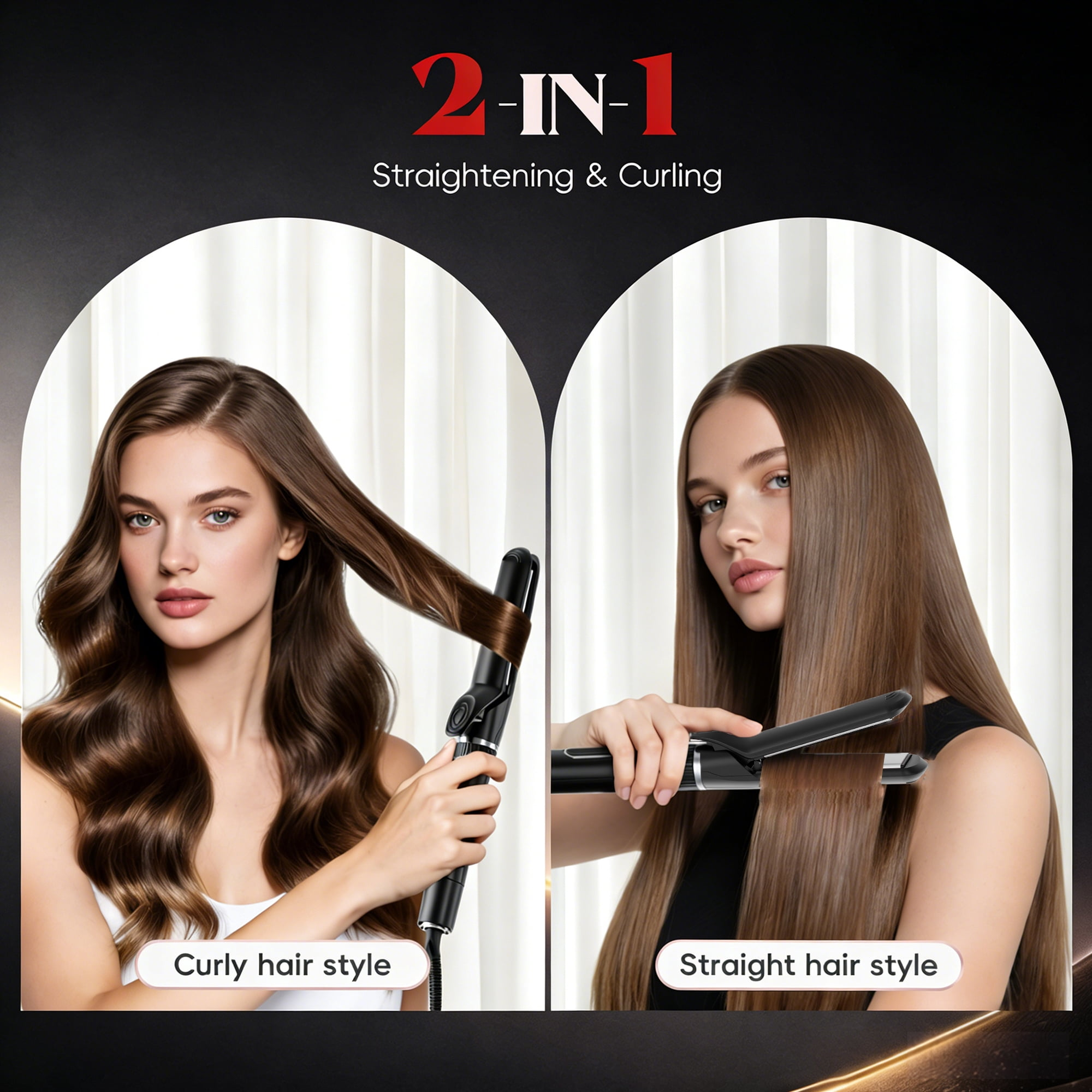 Ein 2-in-1 Haarstyling-Gerät zeigt links gewelltes und rechts glattes Haar.