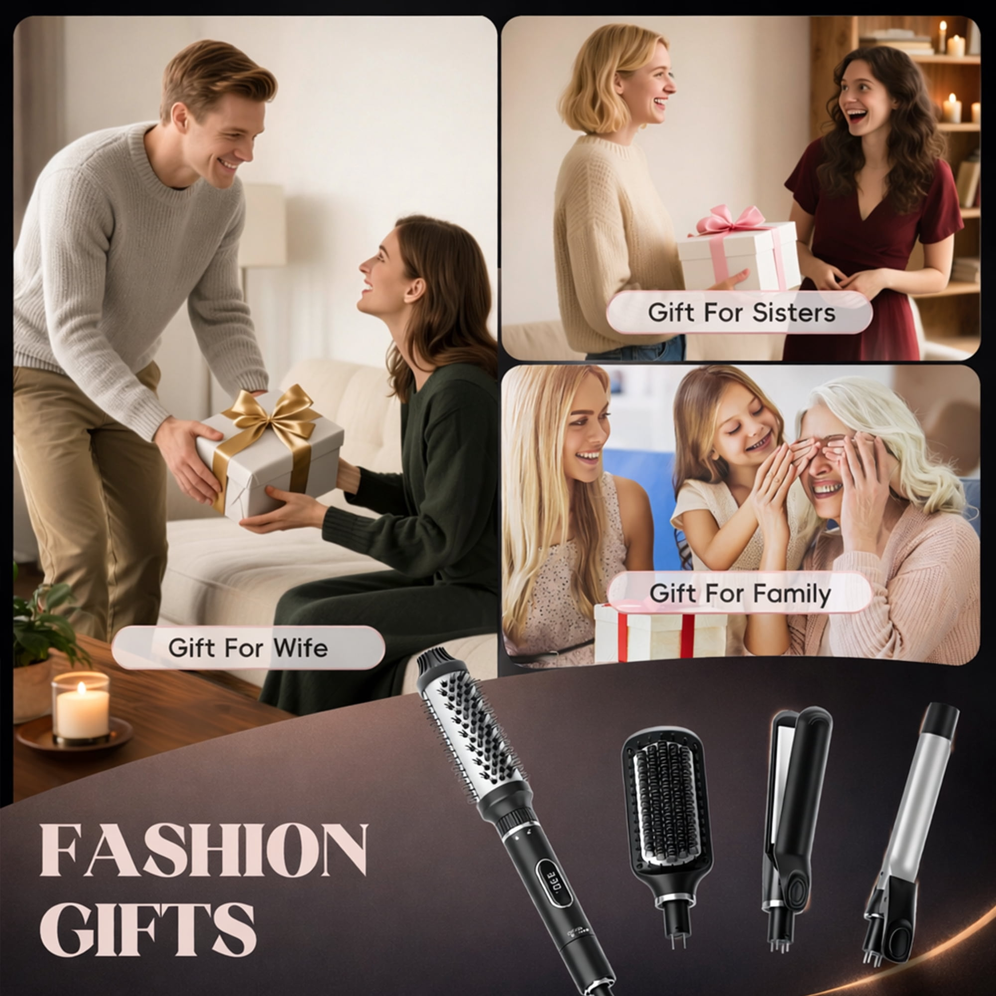 Modegeschenke-Werbung mit Haarstyling-Werkzeugen und glücklichen Menschen, die Geschenke austauschen.