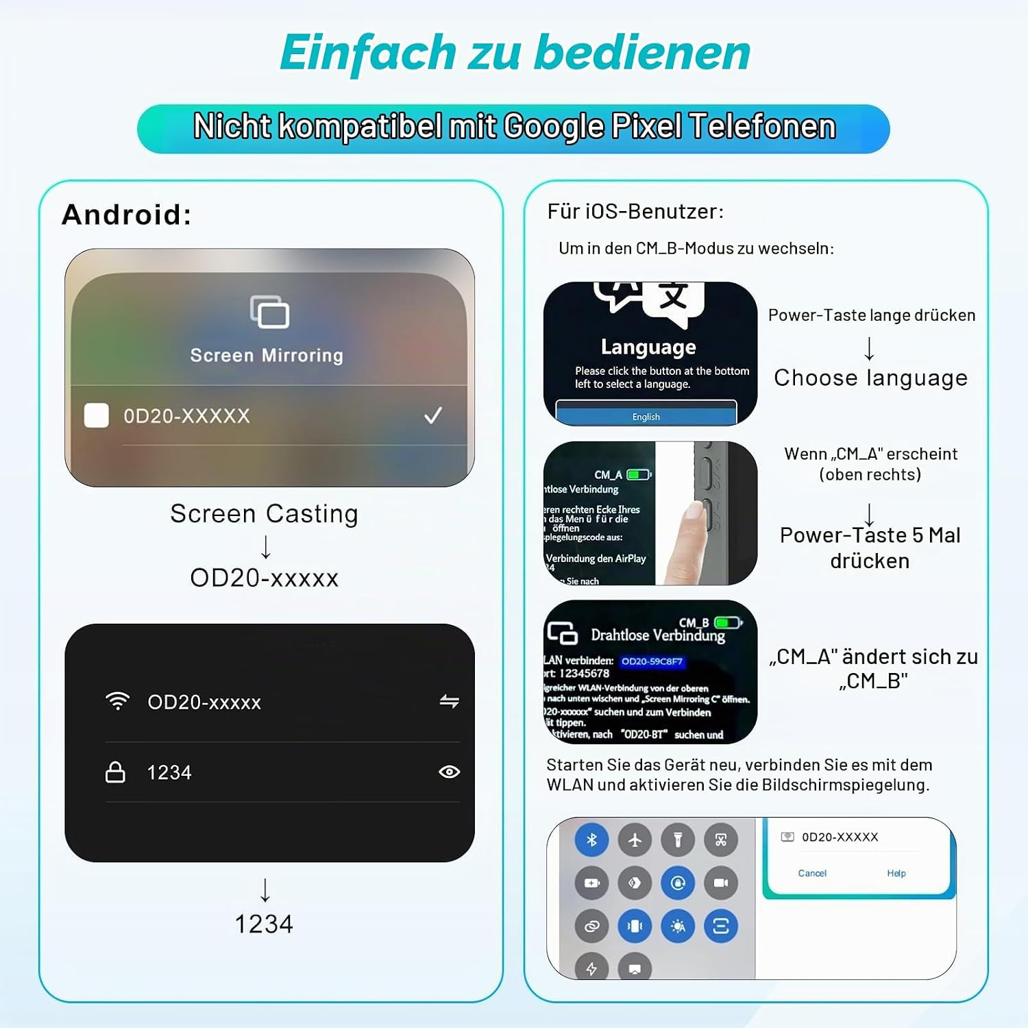 Anleitung zur Bildschirmspiegelung für Android und iOS mit deutscher Beschriftung.