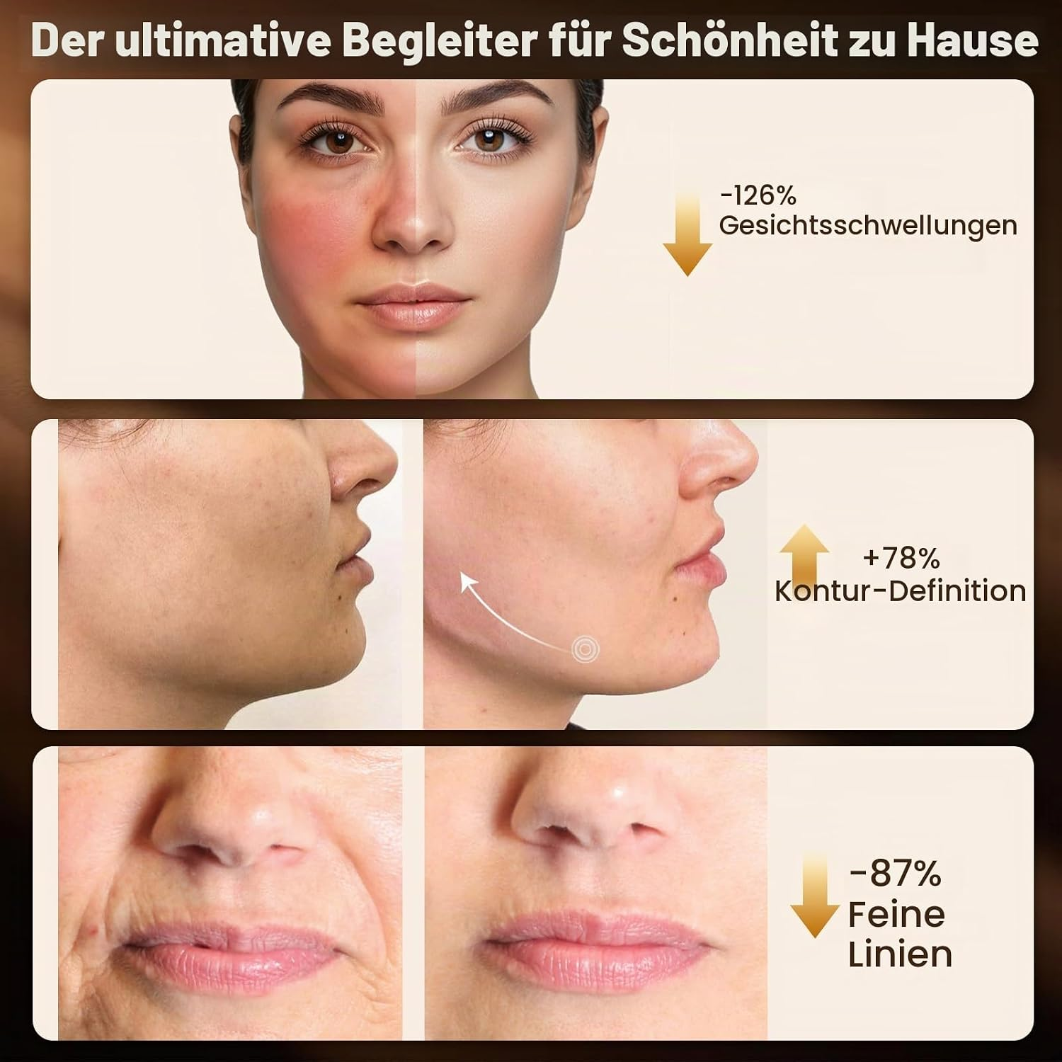 Vergleichsbilder vor und nach Gesichtsbehandlungen zeigen reduzierte Schwellungen und Falten.