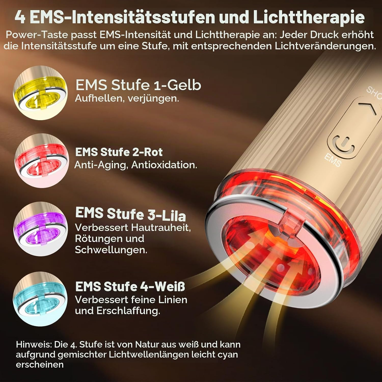 Ein goldenes EMS-Gerät mit vier Lichttherapie-Stufen in Gelb, Rot, Lila und Weiß und deutscher Infotext.