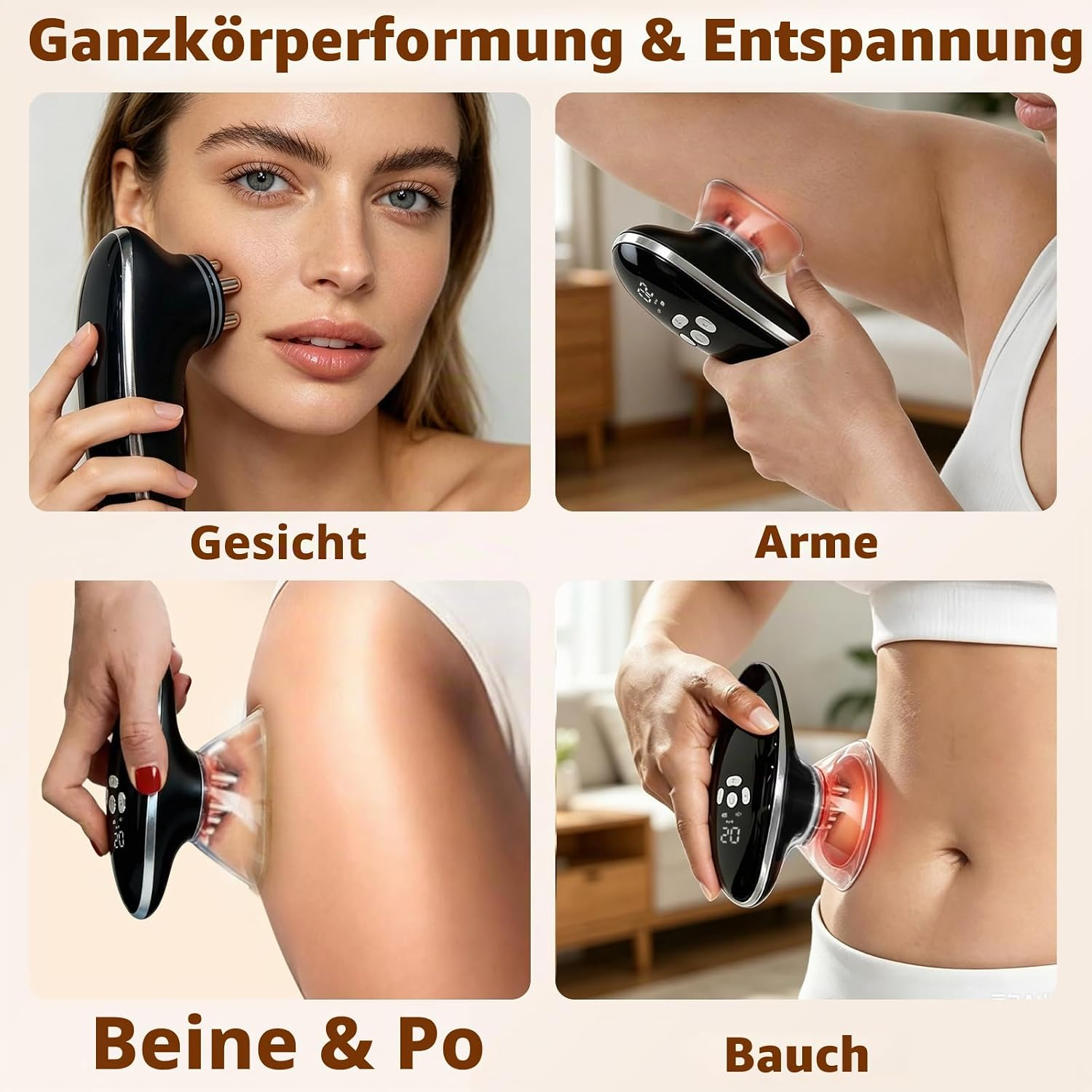 Vier Bilder zeigen die Anwendung eines schwarzen Massagegeräts im Gesicht, an Armen, Beinen und am Bauch.