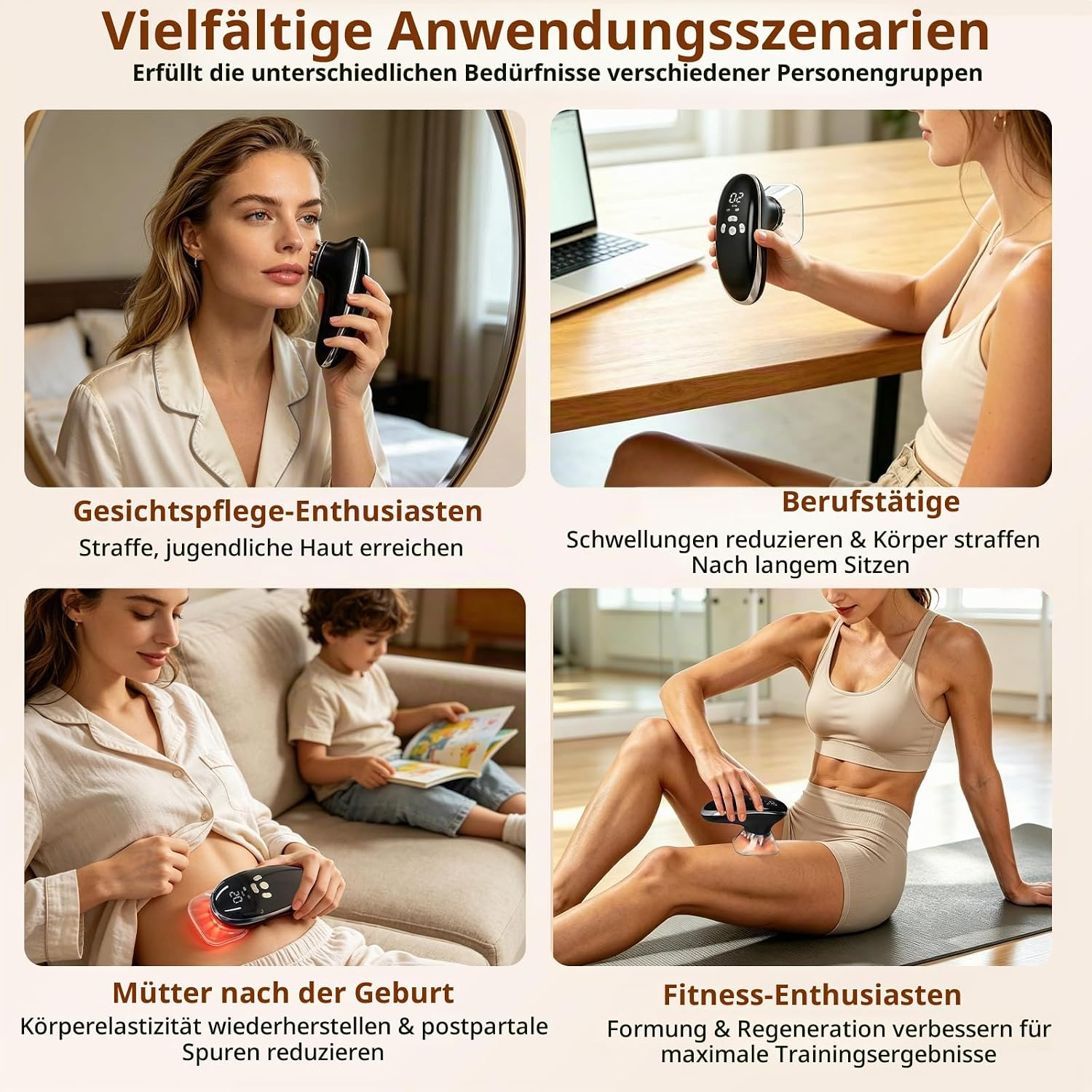 Vier Bilder zeigen Frauen, die ein Massagegerät für Gesicht und Körper nutzen.