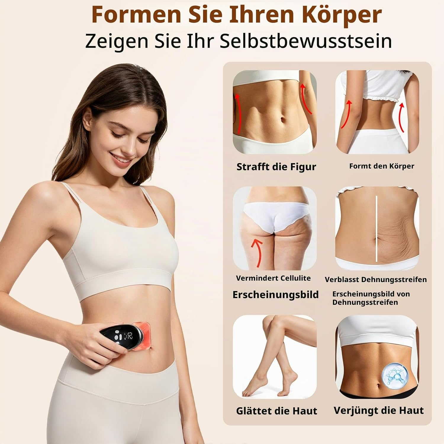Eine Frau in Sportbekleidung nutzt ein Massagegerät am Bauch, mit sechs kleinen Bildern, die Körperformung zeigen.