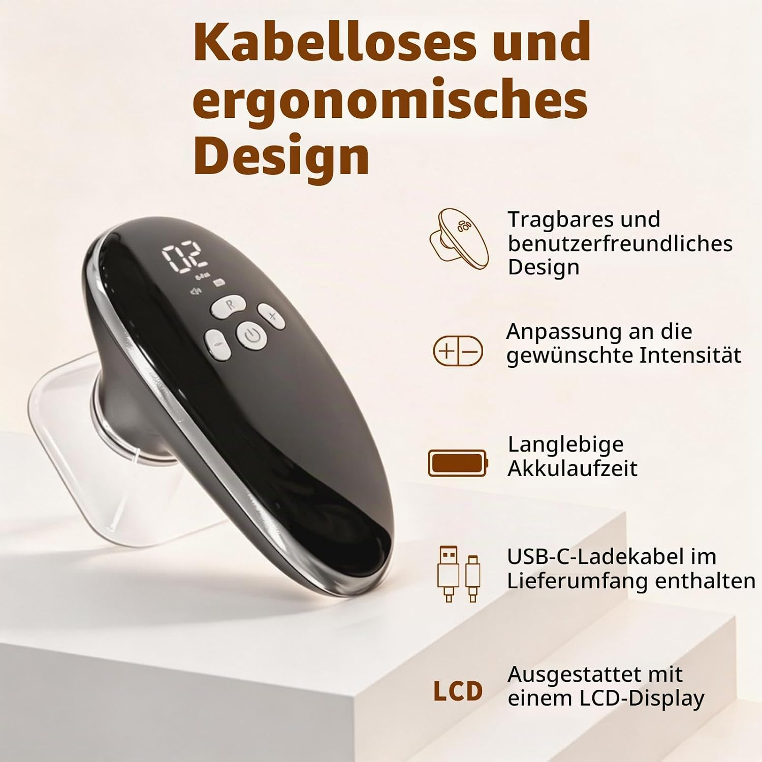 Ein schwarzes ergonomisches, kabelloses Gerät mit LCD-Display und Bedienknöpfen auf weißer Fläche.