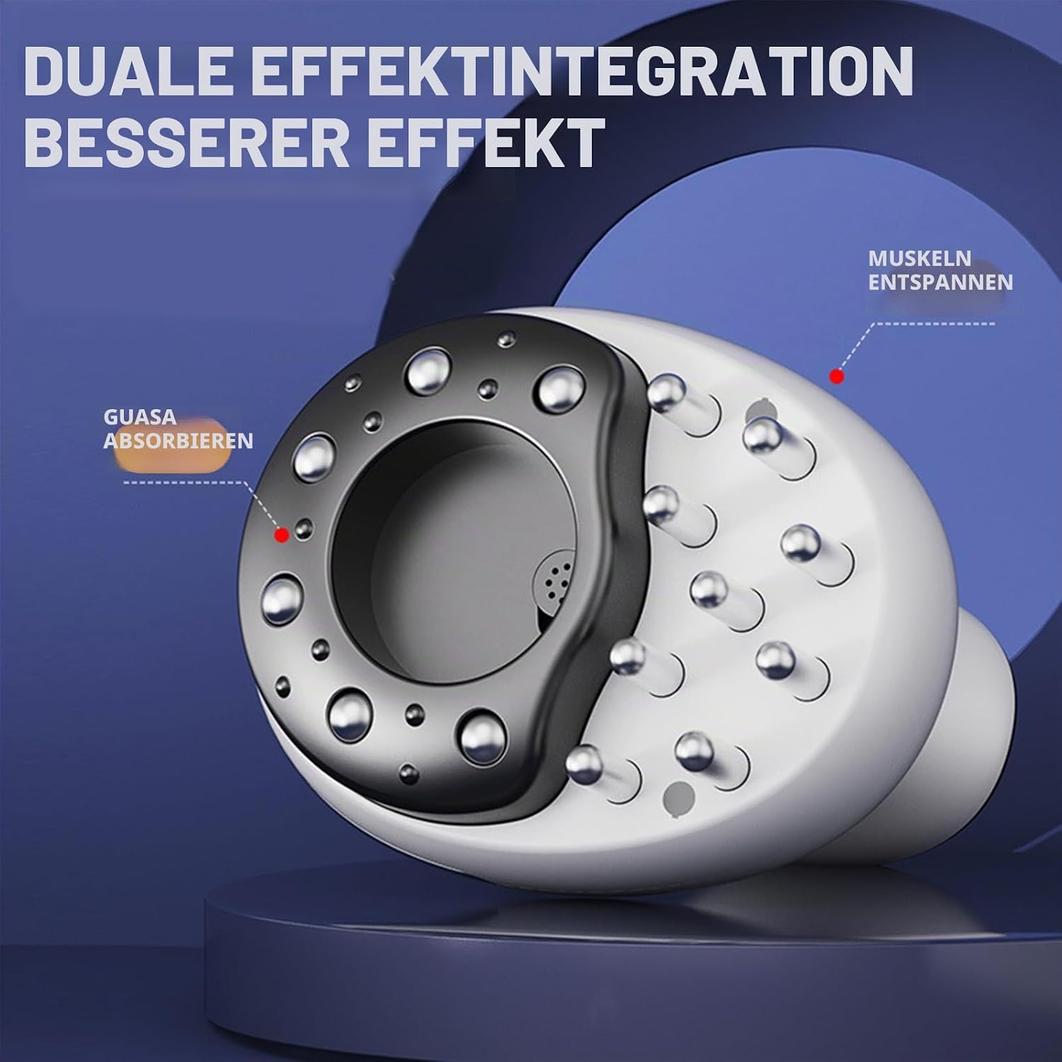 Weiß-schwarzes Massagegerät mit Noppen und Metallkugeln vor blauem Hintergrund.