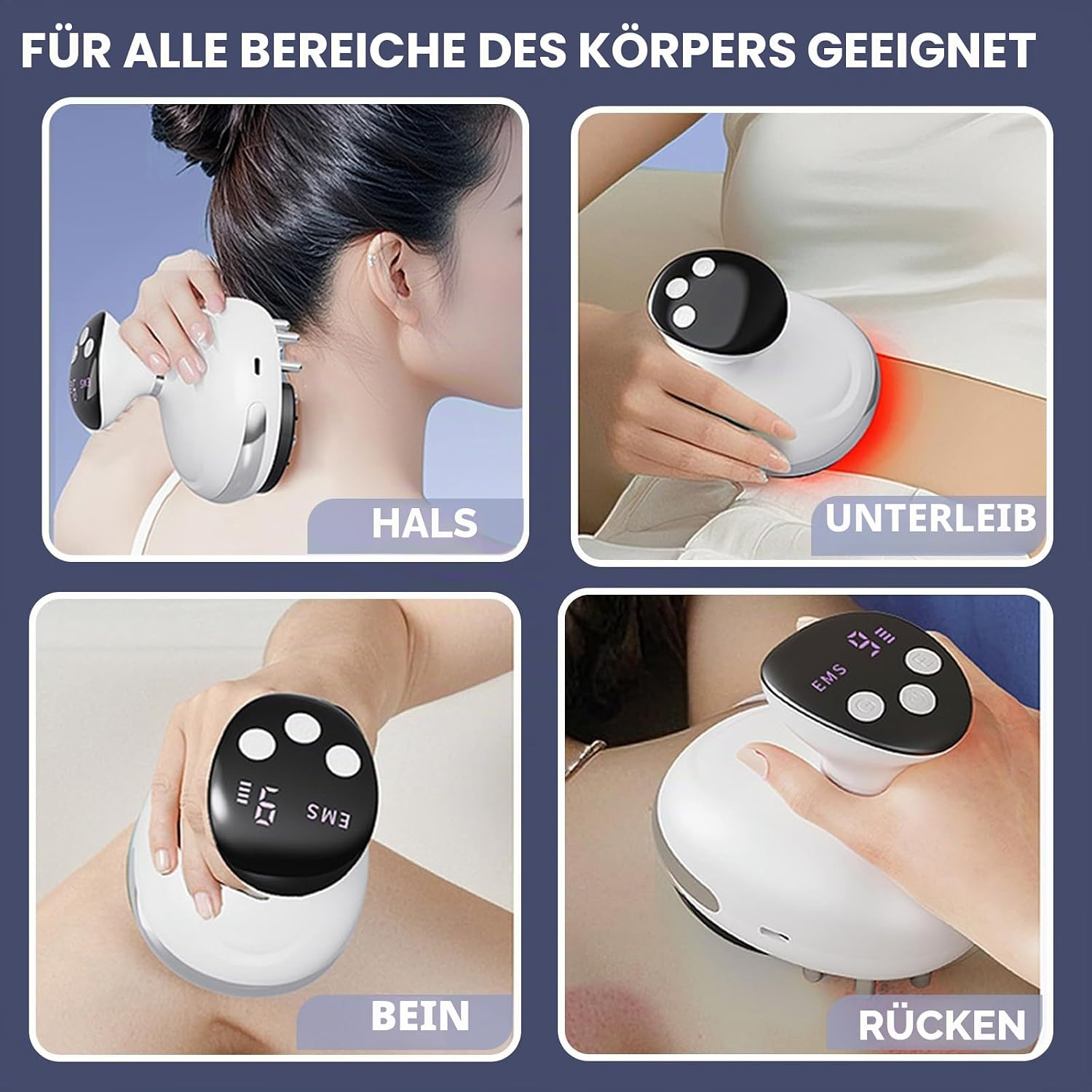 Vier Bilder zeigen die Anwendung eines EMS-Massagegeräts an Hals, Unterleib, Bein und Rücken.