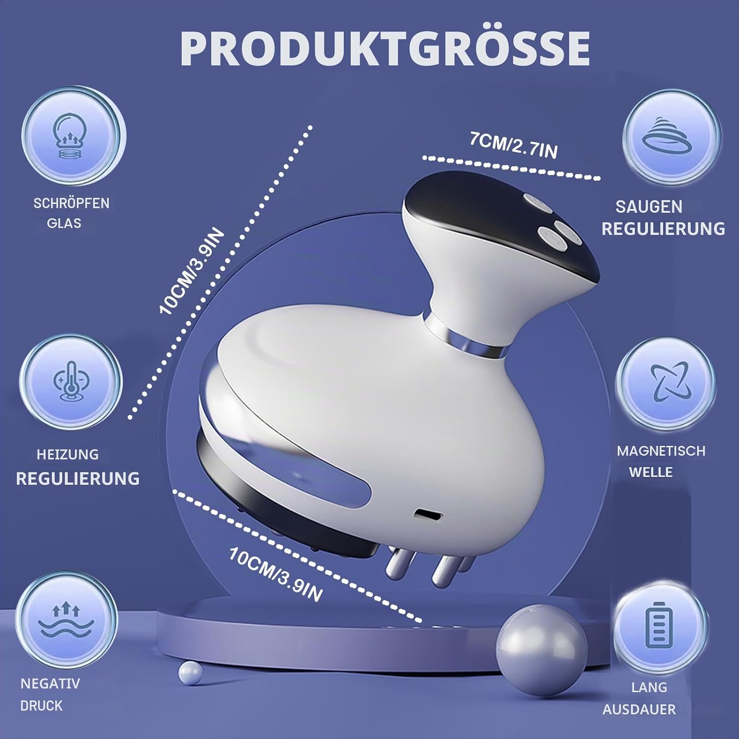 Produktgröße Diagramm eines weißen und schwarzen elektronischen Massagegeräts mit Maßen.
