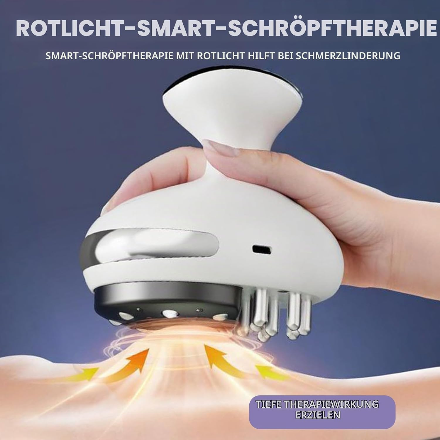 Eine Hand hält ein weißes Smart-Schröpfgerät, das rotes Licht und Wärme auf die Haut abgibt.