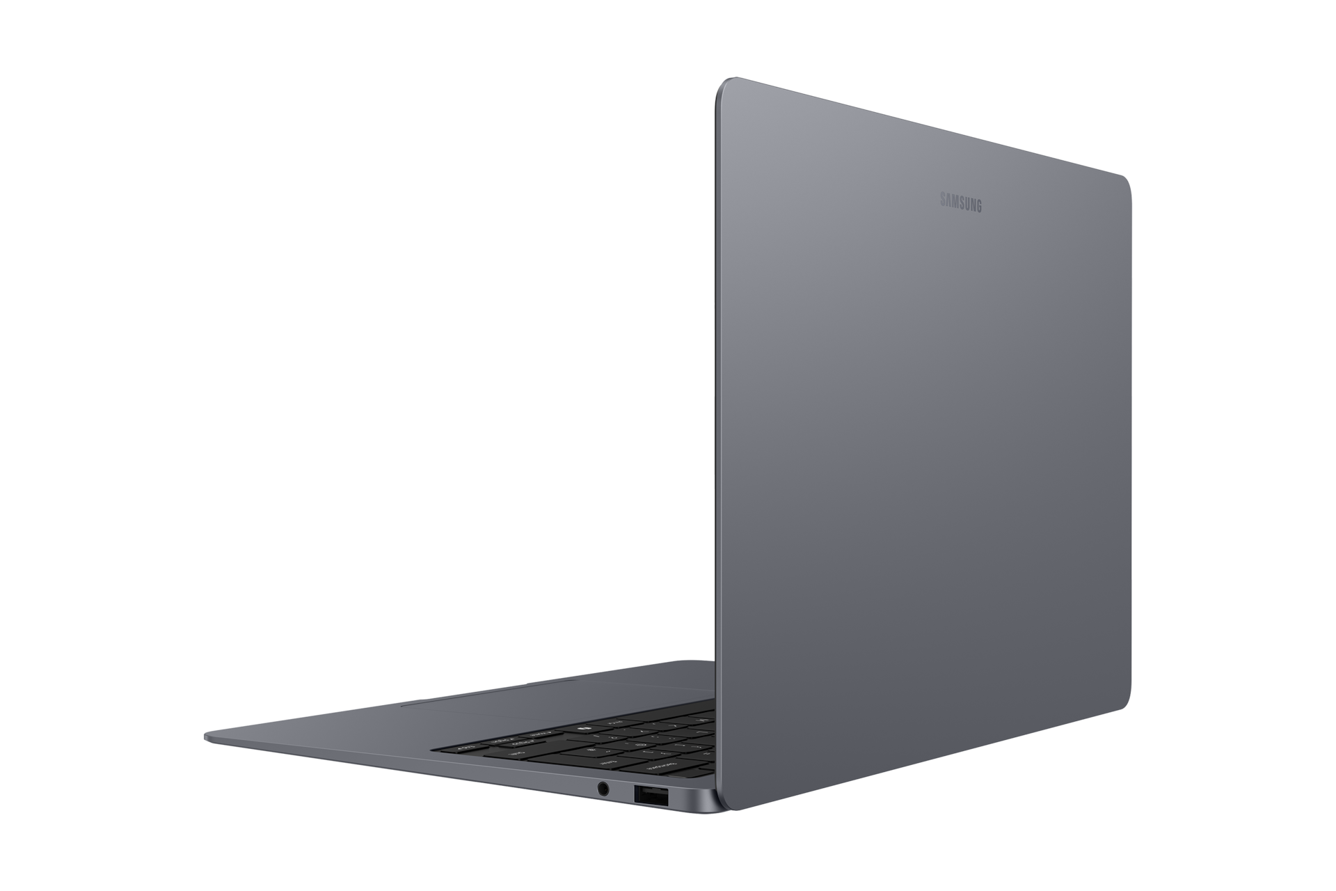 Ein schlichter grauer Samsung-Laptop von der Seite vor schwarzem Hintergrund, zeigt sein dünnes Metallgehäuse.