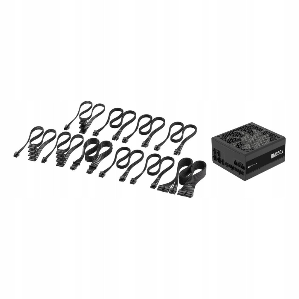A black Corsair RM850x power supply next to a set of organized black modular computer cables on a white background.