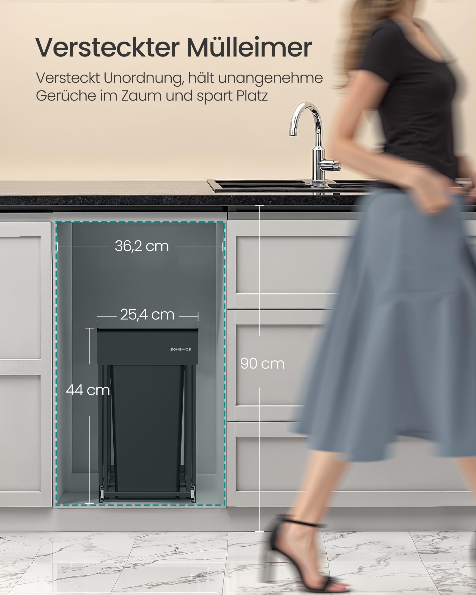 Versteckter Mülleimer in einem Küchenschrank mit Maßangaben und einer Frau im Vordergrund.