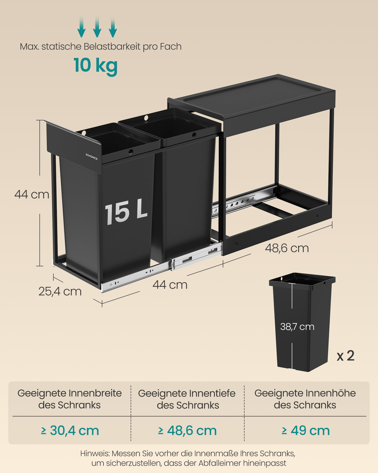 Diagramm eines ausziehbaren Mülleimers mit zwei 15L-Behältern, Maßen und Schrankanforderungen.