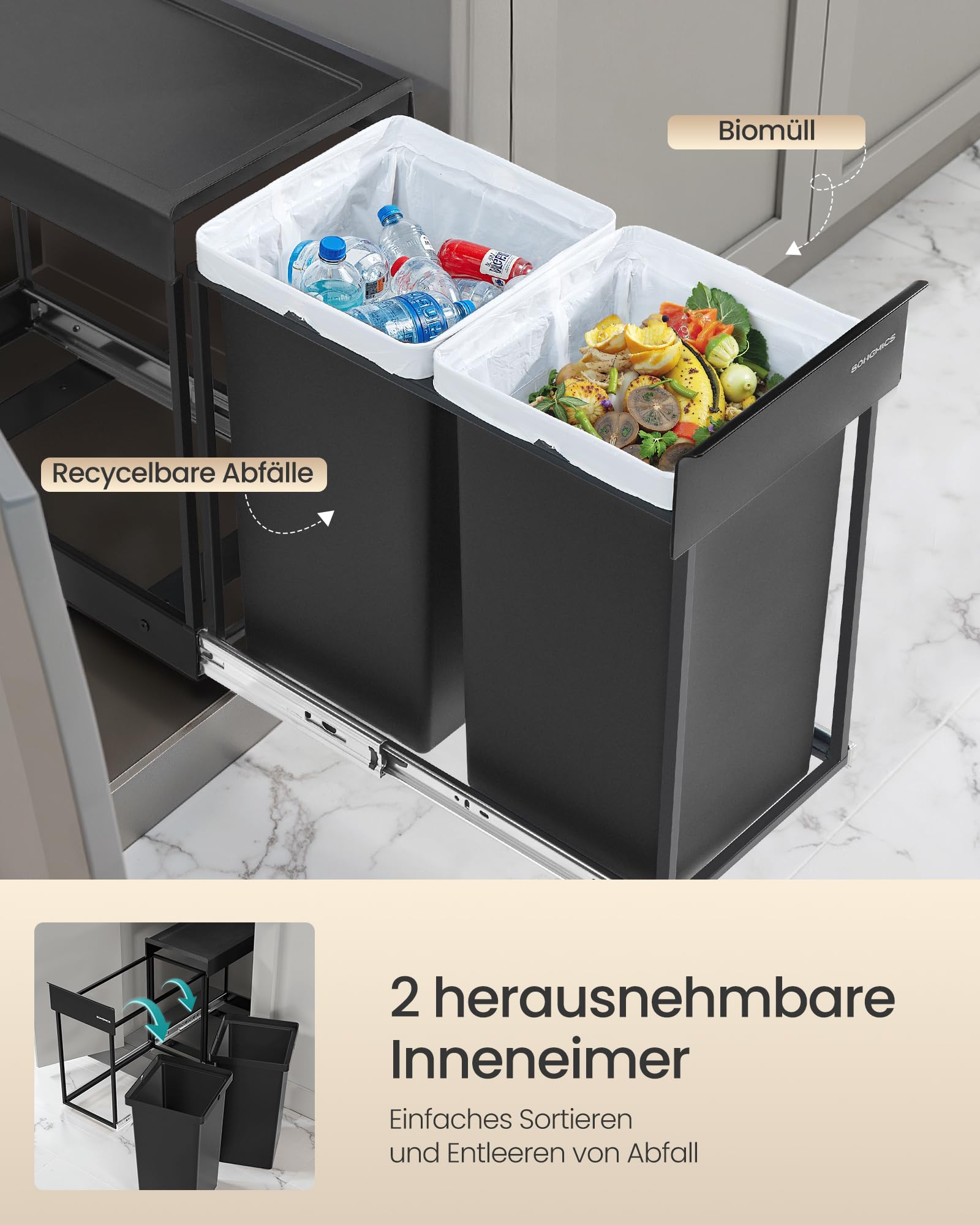 Zwei schwarze Mülleimer für Recycling und Biomüll in einem Küchenschrank.