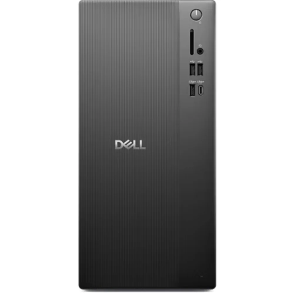 Dikey çıkıntılı, güç tuşlu ve USB bağlantı noktalarına sahip siyah bir Dell masaüstü bilgisayar kasasının önden görünümü.