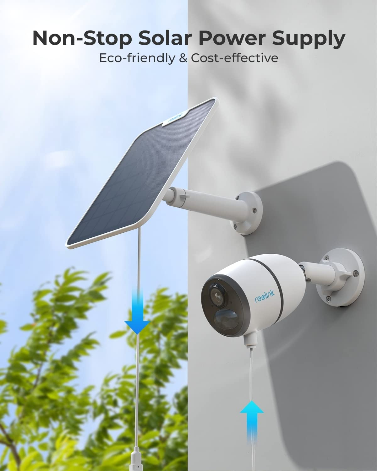 Un pannello solare bianco e una telecamera di sicurezza sono montati su una parete esterna.