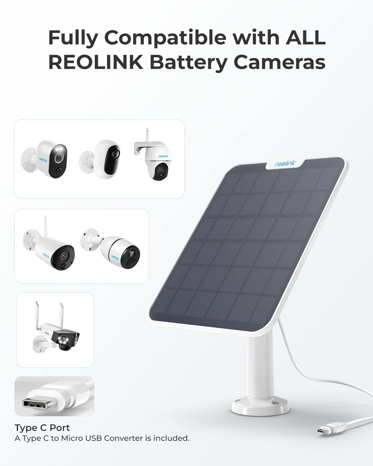 Un pannello solare con porta Tipo C e varie telecamere a batteria Reolink su sfondo chiaro.