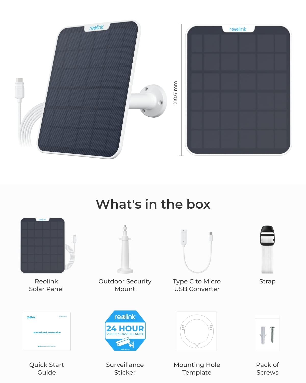 Pannello solare Reolink, supporto, cavo USB, cinturino, manuale, adesivo, dima e viti.