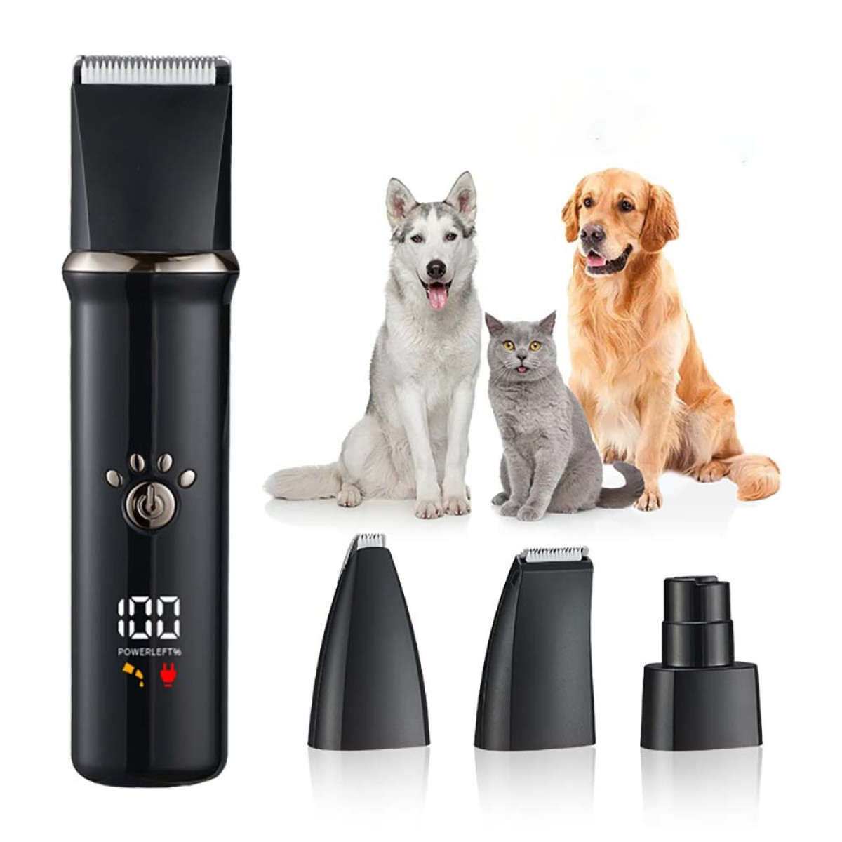 Ein schwarzer Haarschneider mit digitaler Anzeige, Pfotenknopf und drei Aufsätzen, mit Hund und Katze.