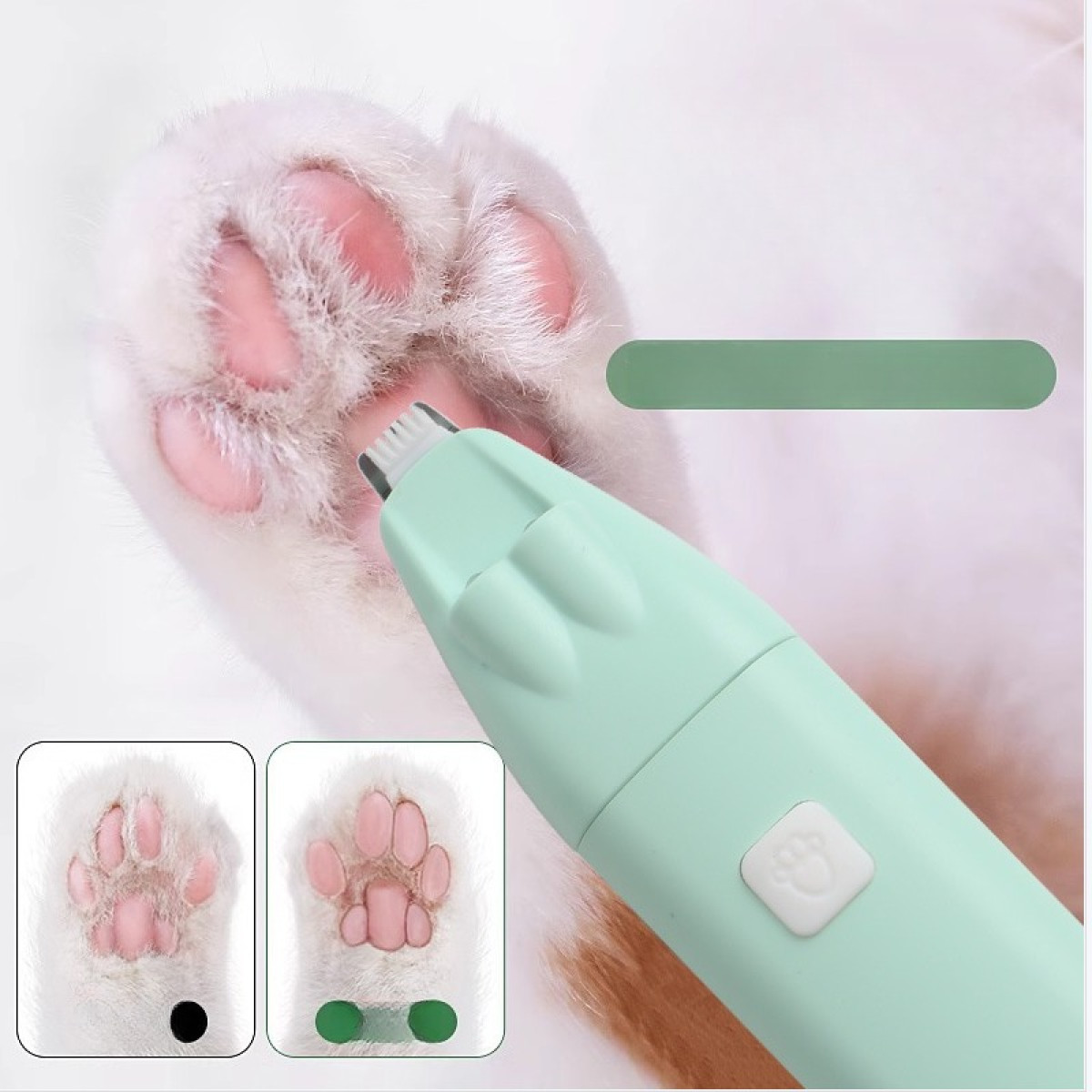 Ein mintgrüner Haartrimmer schneidet Fell zwischen rosa Katzenpfoten.